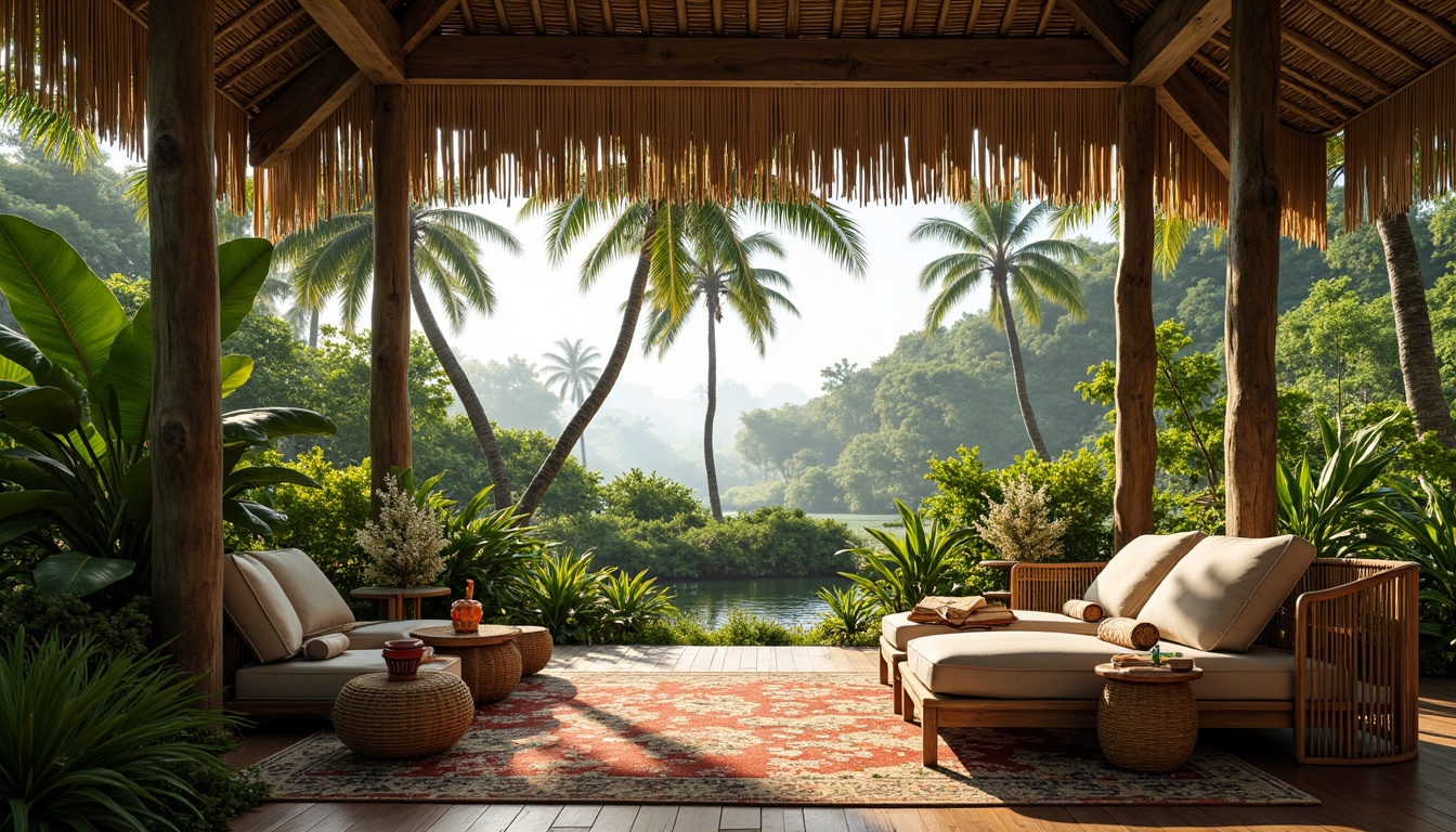 Prompt: Tropical paradise, lush green foliage, exotic flowers, woven rattan furniture, natural wood accents, bamboo textures, vibrant colorful fabrics, intricate island patterns, soft warm lighting, shallow depth of field, 3/4 composition, panoramic view, realistic renderings, ambient occlusion, palm tree silhouettes, misty morning atmosphere, subtle ocean breeze.