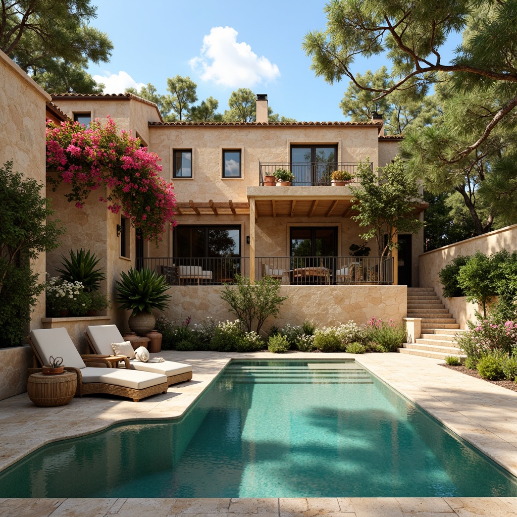 Prompt: Warm Mediterranean villa, textured stone walls, rustic terracotta roofs, ornate ironwork, lush greenery, vibrant bougainvillea, turquoise pool waters, sun-kissed patio, outdoor seating areas, wooden pergolas, natural fabric canopies, woven rattan furniture, distressed wood accents, earthy color palette, soft warm lighting, shallow depth of field, 1/1 composition, realistic textures, ambient occlusion.