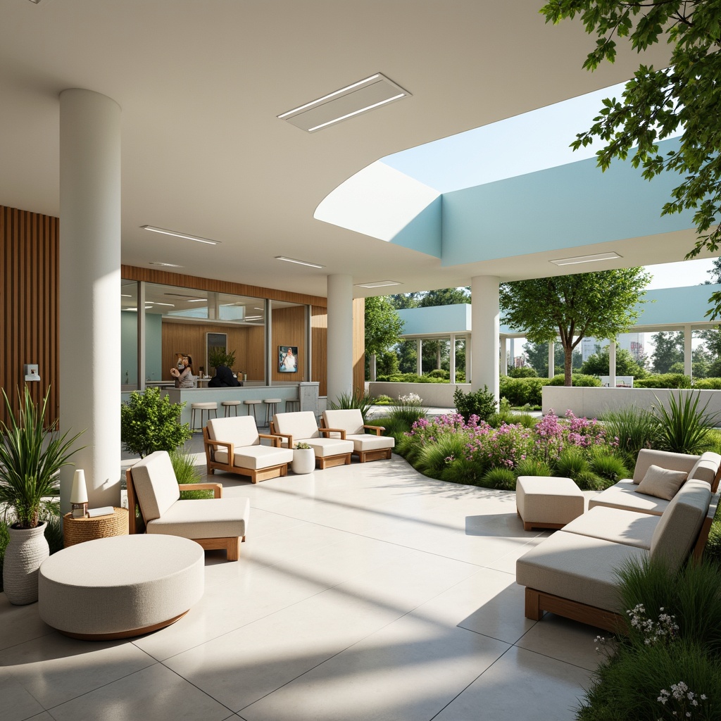 Prompt: Calming medical facility, soothing pastel hues, gentle blues, creamy whites, warm beige tones, natural wood accents, comfortable seating areas, peaceful waiting rooms, serene outdoor gardens, lush greenery, vibrant flowers, soft diffused lighting, shallow depth of field, 1/1 composition, realistic textures, ambient occlusion.