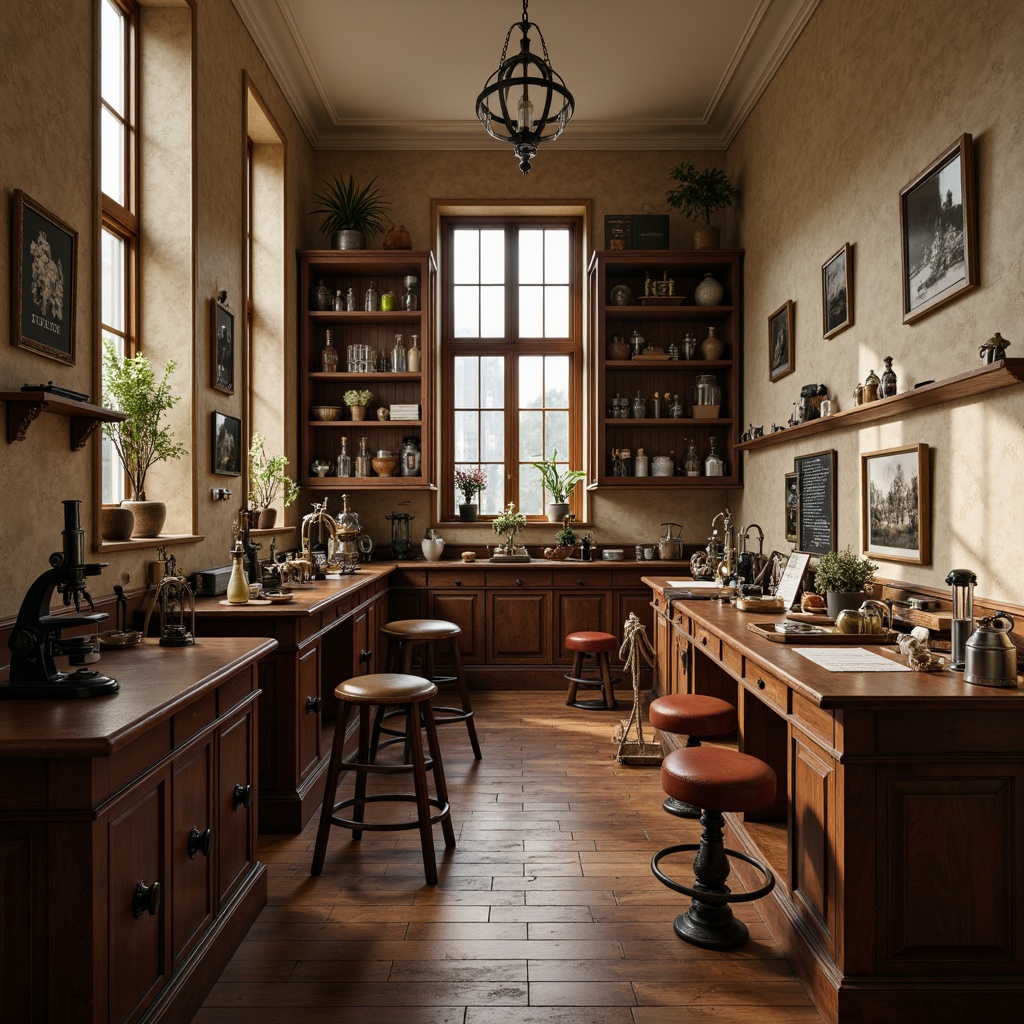 Prompt: Classic laboratory furniture, wooden workbenches, polished metal instruments, leather-bound stools, vintage microscopes, antique scales, distressed wood cabinets, ornate metal fixtures, rich brown leather upholstery, warm beige walls, soft natural lighting, 1/1 composition, shallow depth of field, realistic textures, ambient occlusion.