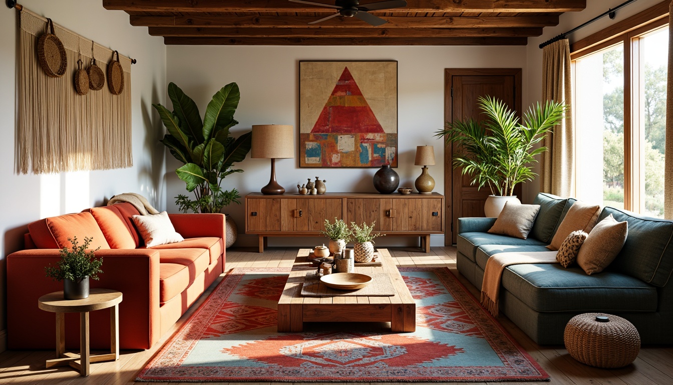 Prompt: Vibrant family room, eclectic furniture mix, plush velvet sofas, reclaimed wood coffee tables, colorful Moroccan tiles, woven wicker baskets, macrame wall hangings, abstract art pieces, bold patterned rugs, soft warm lighting, cozy throw blankets, natural fiber textiles, global-inspired decorative accents, layered window treatments, organic shapes, earthy color palette, inviting conversation pit, relaxed atmosphere, casual seating arrangements.