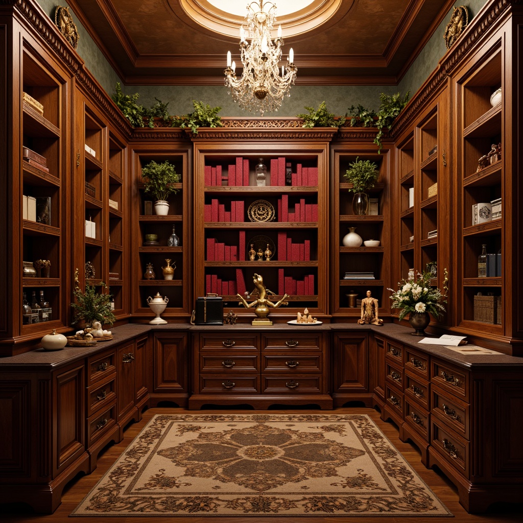 Prompt: Richly ornamented storage room, classic wooden cabinets, intricately carved drawer handles, ornate metalwork, luxurious velvet fabrics, golden accents, antique bronze hardware, distressed leather finishes, regal crown molding, crystal chandelier lighting, soft warm glow, 1/1 composition, symmetrical arrangement, realistic wood textures, ambient occlusion.