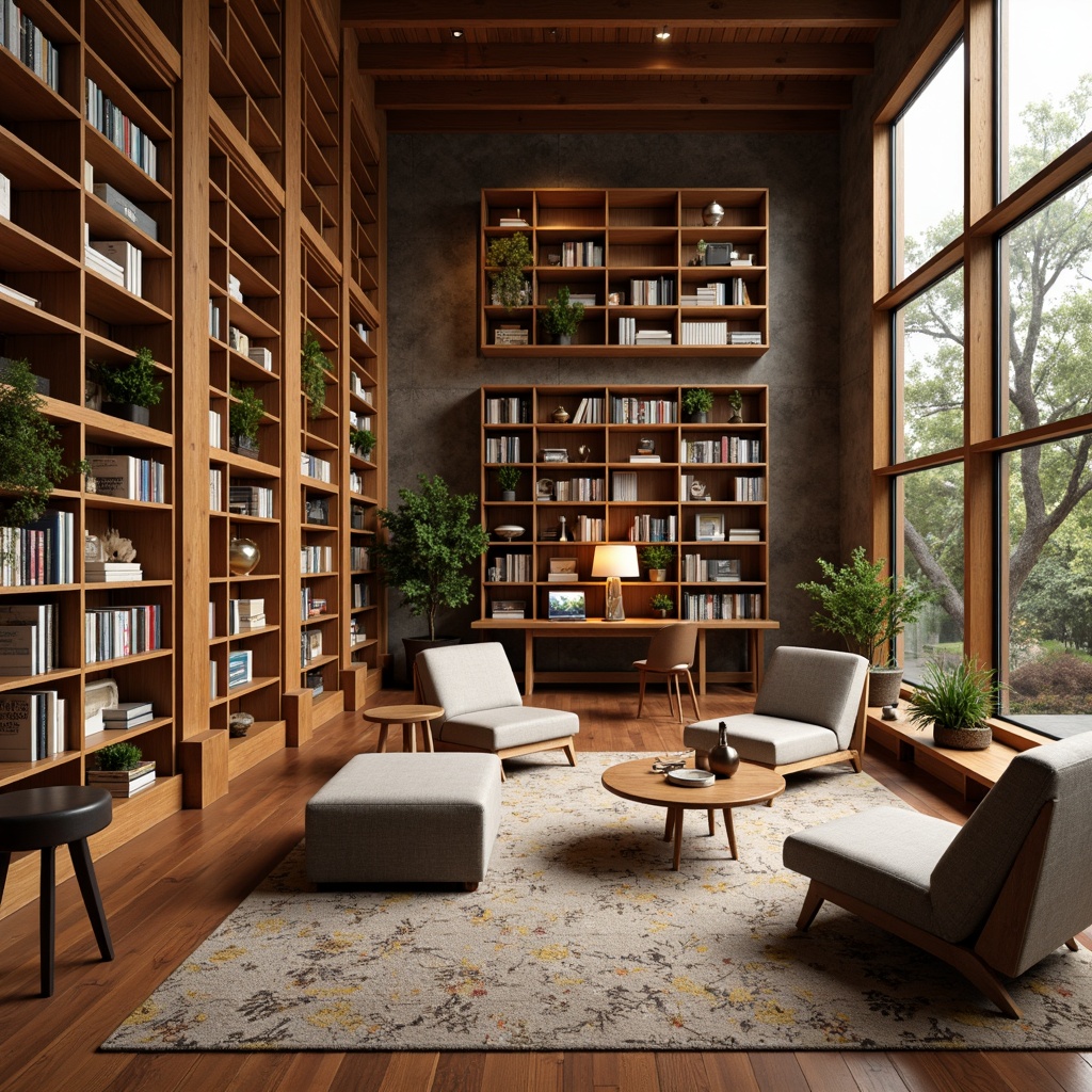 Prompt: Mid-century modern library, warm wooden floors, floor-to-ceiling bookshelves, comfortable reading nooks, plush armchairs, minimalist coffee tables, geometric-patterned rugs, natural stone walls, large windows, abundant natural light, soft warm lighting, cozy atmosphere, wooden desks, ergonomic chairs, built-in shelving units, retro-style lamps, vintage-inspired decorative accessories, earthy color palette, organic textures, 3/4 composition, shallow depth of field, realistic rendering.