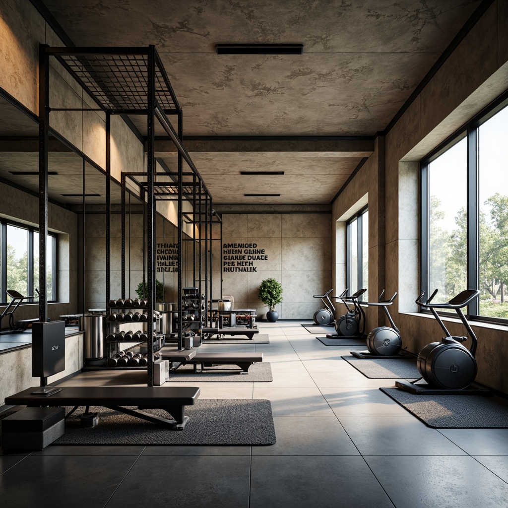 Prompt: Minimalist home gym, industrial-style equipment, metallic frames, rubber flooring, mirrored walls, large windows, natural lighting, motivational quotes, fitness trackers, adjustable dumbbells, Olympic weights, exercise benches, folding treadmills, compact elliptical machines, yoga mats, meditation areas, calm ambiance, warm color tones, 1/2 composition, shallow depth of field, realistic textures.