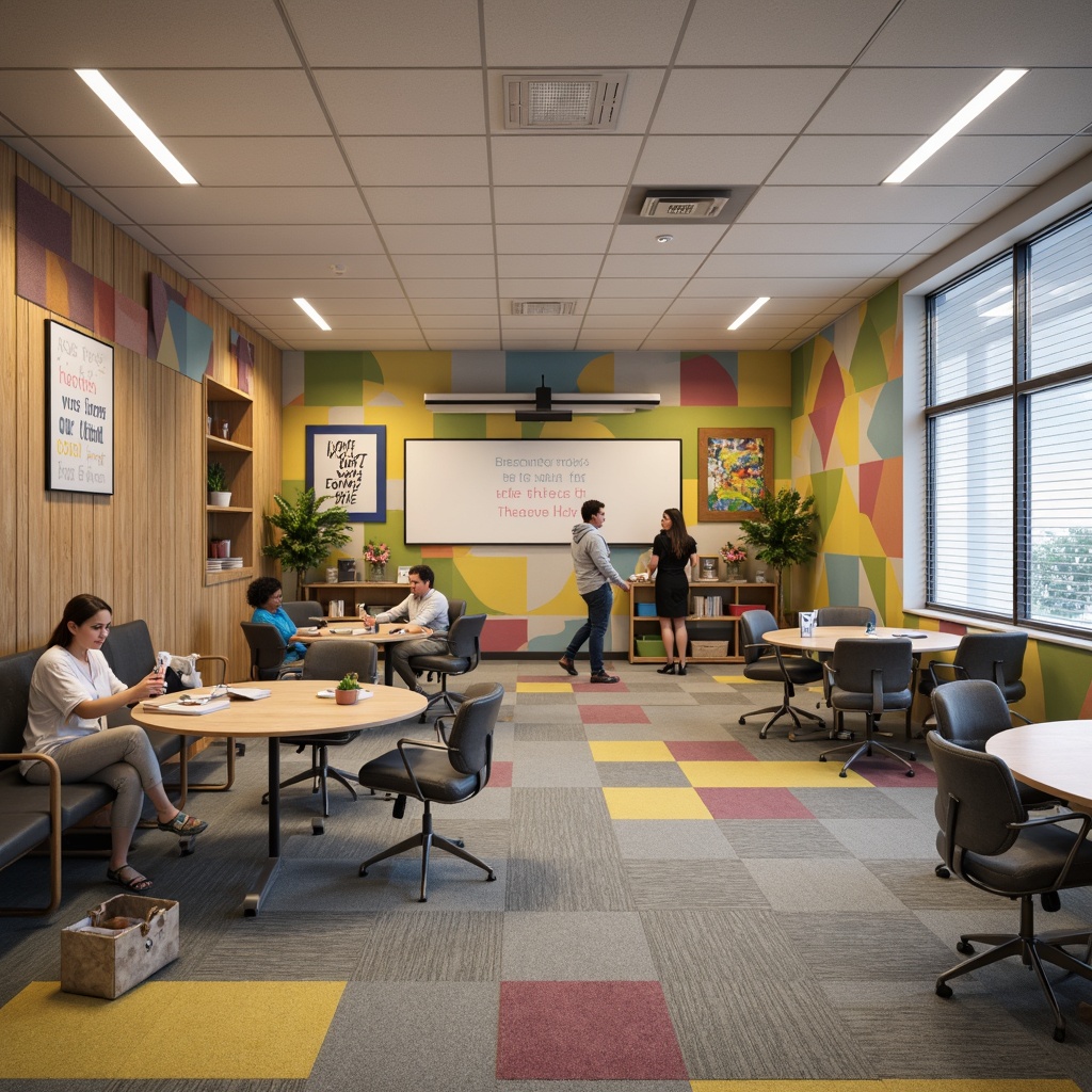 Prompt: Vibrant learning hub, ergonomic chairs, adjustable desks, interactive whiteboards, collaborative workstations, cozy reading nooks, natural wood accents, colorful storage bins, educational posters, inspirational quotes, soft carpeted floors, gentle overhead lighting, 1/1 composition, shallow depth of field, realistic textures, ambient occlusion.