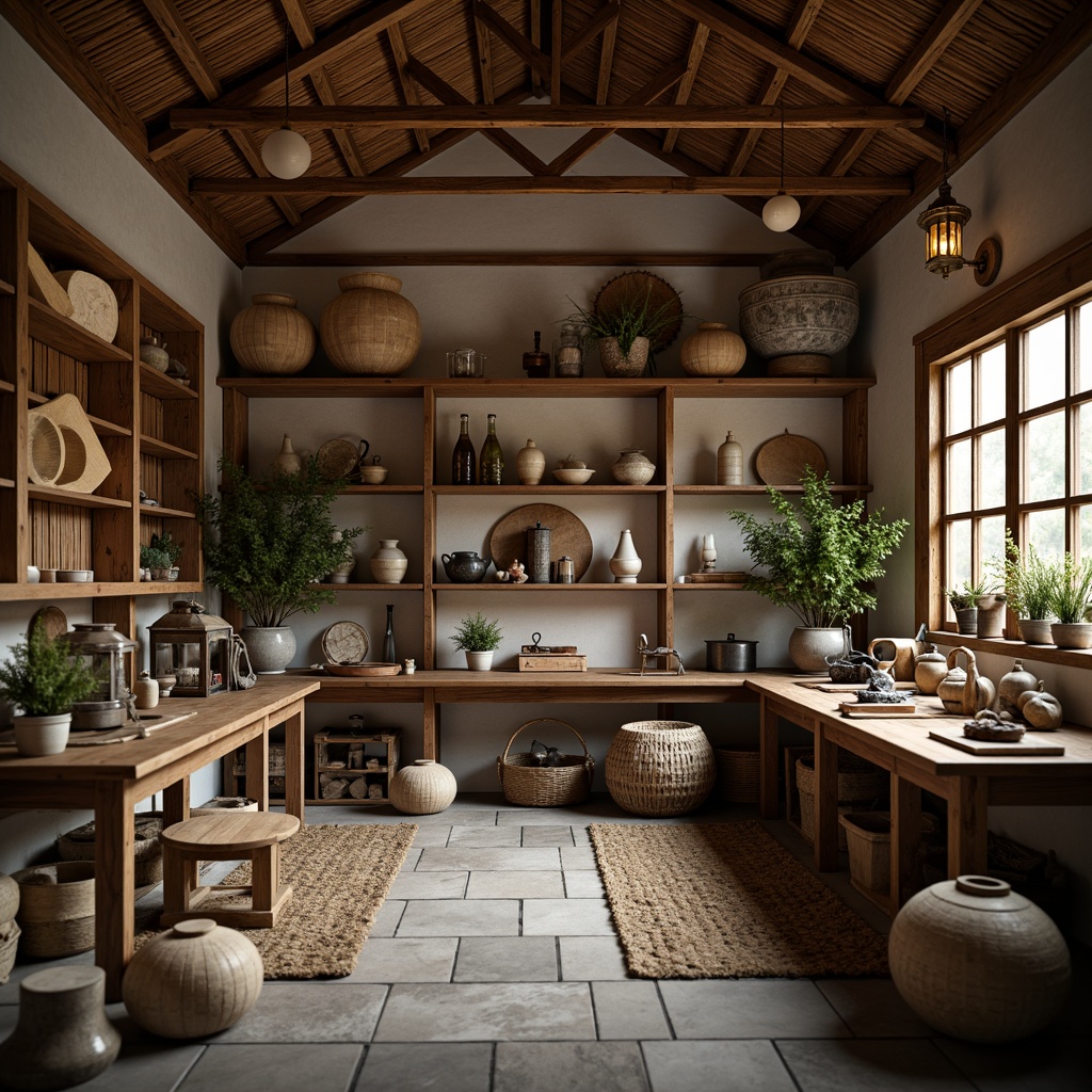 Prompt: Traditional Asian-inspired workshop, wooden accents, natural textures, woven bamboo walls, stone floors, paper lanterns, hand-carved wooden furniture, intricate metalwork, vintage tools, earthy color palette, warm soft lighting, shallow depth of field, 1/1 composition, realistic textures, ambient occlusion, rustic atmosphere, subtle grain details, organic shapes.