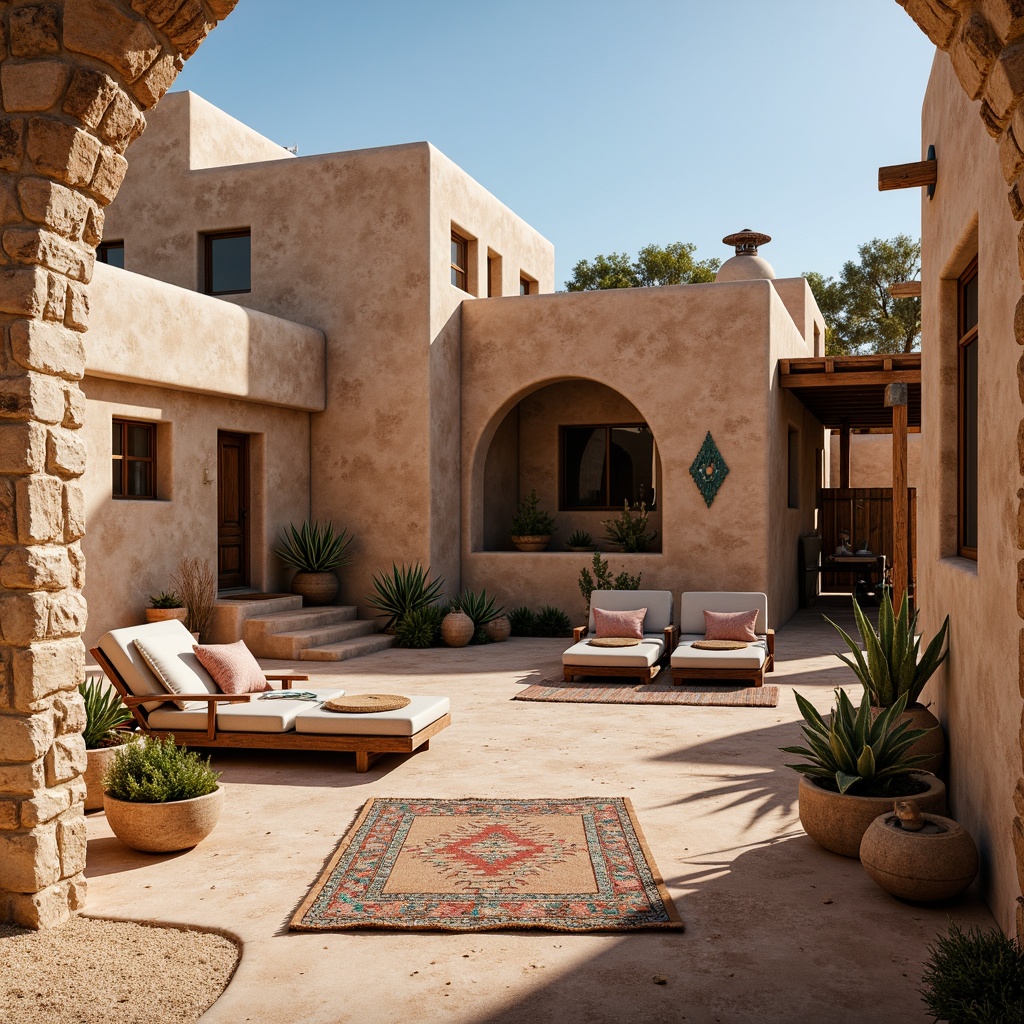 Prompt: Adobe earth tones, rough stone walls, rustic wooden accents, vibrant turquoise decorations, geometric patterned textiles, woven Native American-inspired blankets, terracotta pottery, natural fiber rugs, sandy dune backgrounds, clear blue skies, warm golden lighting, shallow depth of field, 1/2 composition, close-up shots, realistic textures, ambient occlusion, Southwestern architectural style, adobe brick buildings, curved lines, ornate metalwork, earthy color palette.