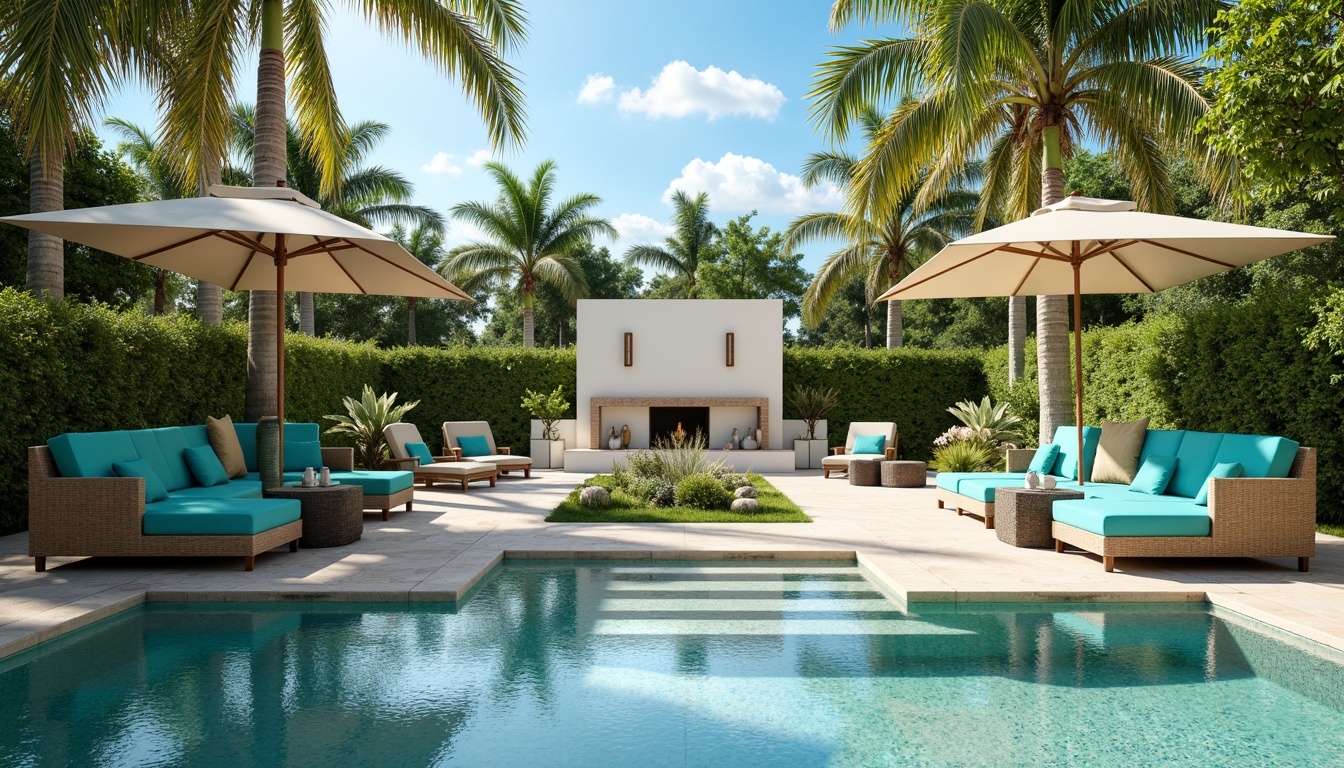 Prompt: Inviting poolside lounge area, comfortable outdoor sofas, vibrant turquoise cushions, natural wicker coffee tables, refreshing umbrella shades, lush greenery surroundings, tropical palm trees, warm sunny day, soft gentle breeze, shallow water effects, 1/1 composition, realistic renderings, ambient occlusion.