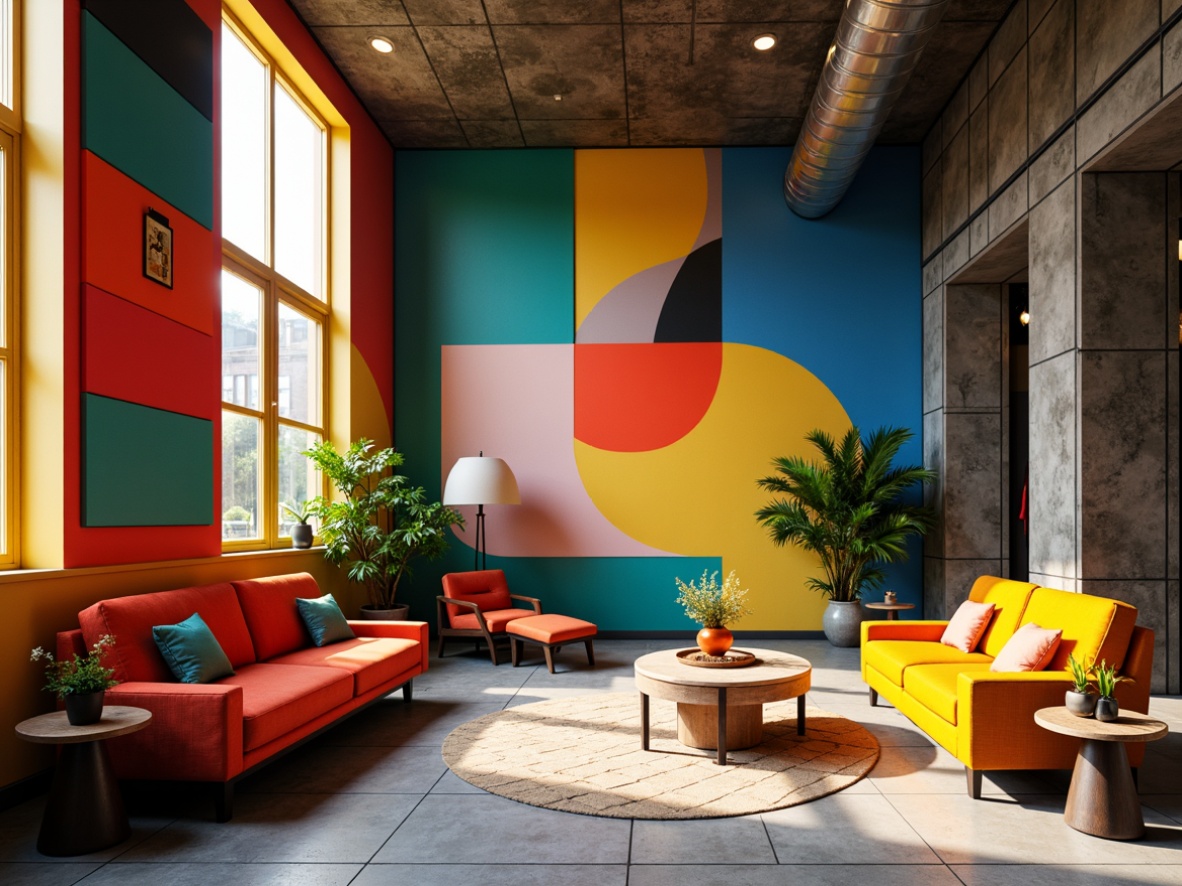 Prompt: Vibrant Bauhaus interior, geometric shapes, abstract patterns, bold color schemes, minimalist furniture, industrial materials, exposed pipes, concrete floors, metal accents, circular lamps, hexagonal tiles, triangular coffee tables, rectangular sofas, angular architectural details, natural light pouring in, dramatic shadows, high contrast ratios, 1/1 composition, symmetrical framing, stark textures, ambient occlusion.