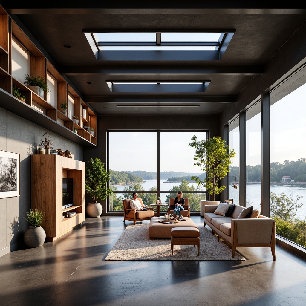 Prompt: Waterfront boathouse, open-plan living area, minimalist decor, industrial metal beams, polished concrete floors, large windows, sliding glass doors, natural light pouring in, lake or river views, nautical-themed decorative elements, functional storage spaces, wooden accents, bold color schemes, geometric patterns, modern furniture pieces, cozy reading nooks, warm ambient lighting, shallow depth of field, 1/1 composition, soft focus effect, realistic textures, subtle animations.