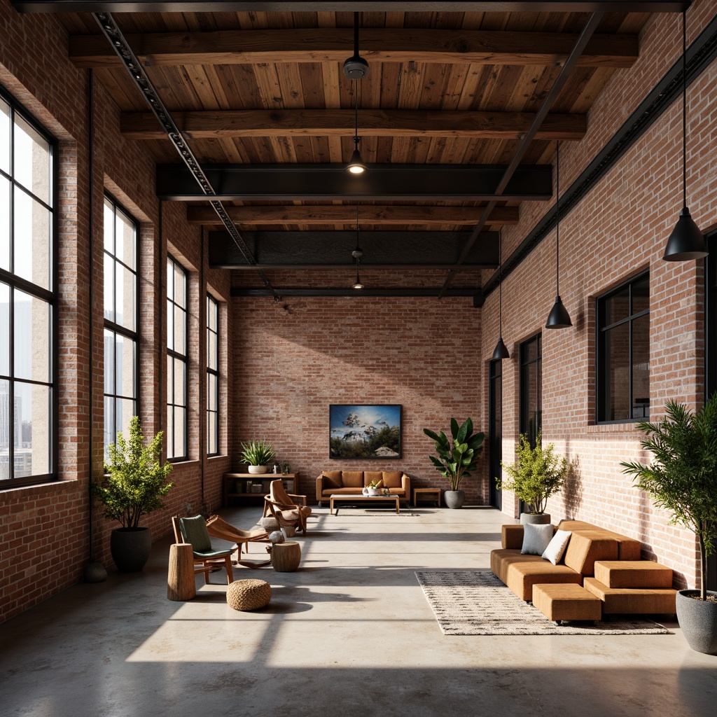 Prompt: Exposed brick walls, industrial metal beams, reclaimed wood accents, earthy tones, neutral backgrounds, pops of rich colors, urban chic atmosphere, natural light pouring in, airy open spaces, minimalist decor, functional furniture, modern loft aesthetic, moody shadows, warm ambient lighting, 3/4 composition, shallow depth of field, realistic textures, soft focus.