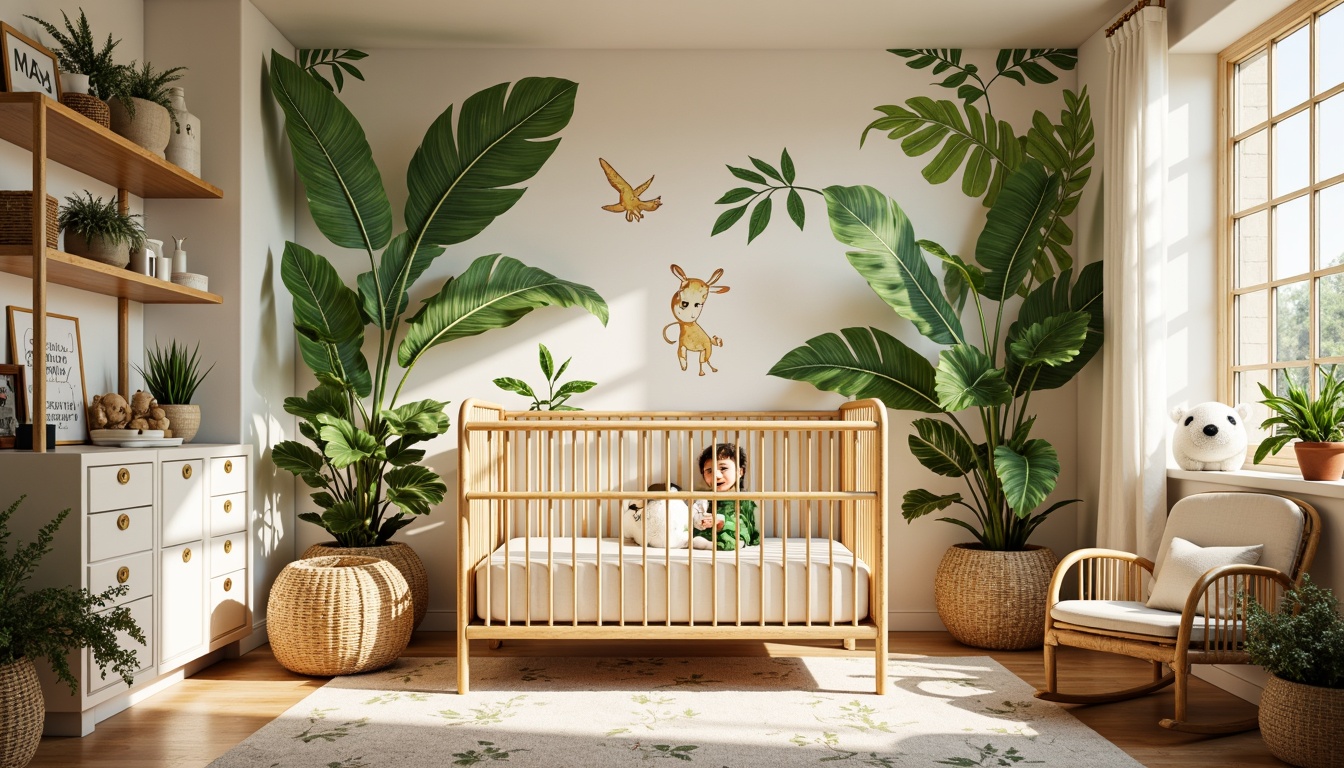 Prompt: Vibrant tropical baby room, wicker furniture, natural rattan crib, soft pastel colors, floral patterns, leaf-inspired decals, wooden rocking chair, plush jungle-themed toys, woven bamboo shelves, exotic plant prints, warm beige walls, creamy white accents, golden hardware, cozy reading nook, oversized palm fronds, bright sunny day, soft warm lighting, shallow depth of field, 3/4 composition, panoramic view, realistic textures, ambient occlusion.