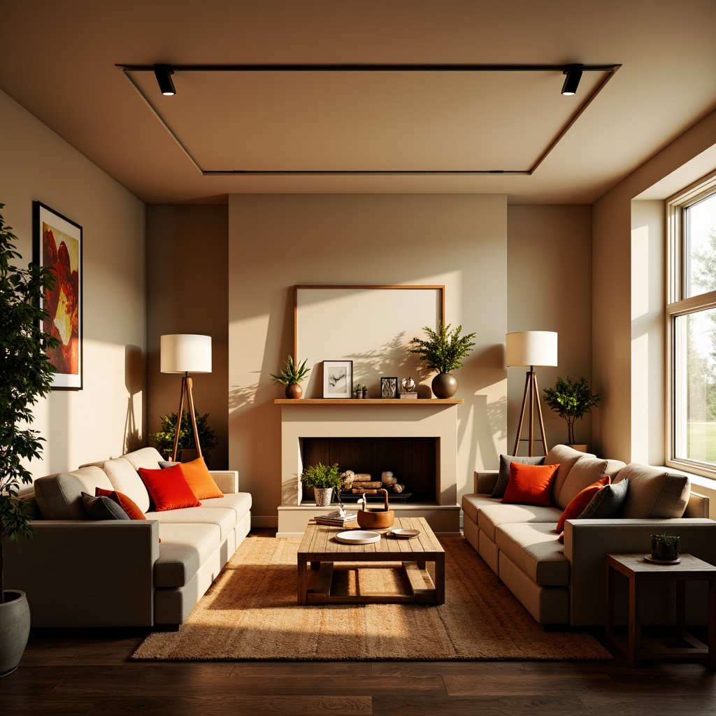 Prompt: Contemporary living room, warm cozy atmosphere, soft glow lighting, table lamps, floor lamps, pendant lights, recessed lighting, modern minimalist design, sleek metal fixtures, matte white shades, warm beige walls, dark wood flooring, comfortable seating area, natural fiber upholstery, vibrant colorful accents, morning sunlight, subtle shadows, 3/4 composition, shallow depth of field.