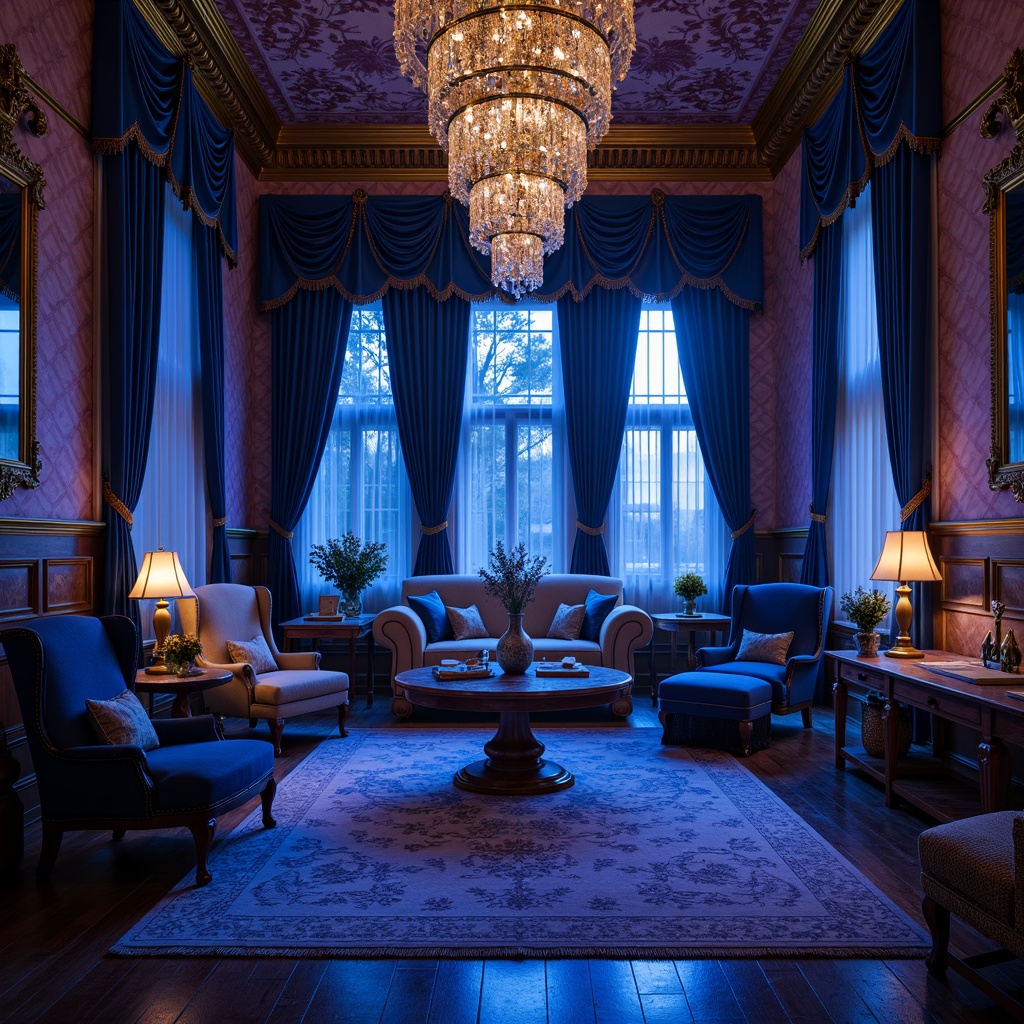 Prompt: Vibrant blue violet hues, luxurious velvet fabrics, ornate golden frames, mystical twilight atmosphere, soft misty lighting, whimsical floral patterns, delicate lace textures, antique furniture pieces, distressed wooden accents, rich jewel-toned colors, lavish drapery, opulent crystal chandeliers, regal crown molding, grandiose architectural details, cinematic wide-angle shot, 1/1 composition, dramatic shadows, intricate ornamentation.