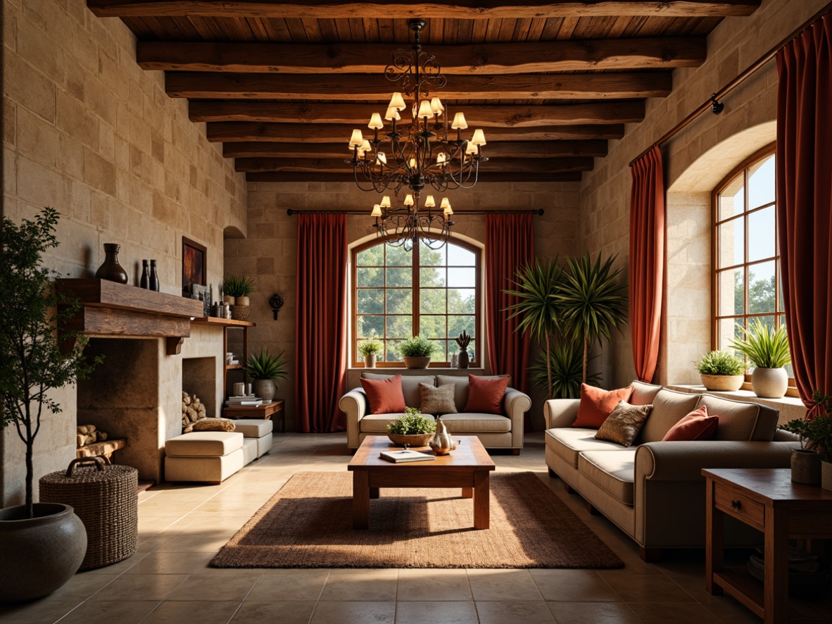 Prompt: Rustic villa interior, textured stone walls, warm earthy tones, traditional furnishings, ornate wooden ceiling beams, elegant chandeliers, rich velvet drapes, comfortable plush sofas, vintage wooden furniture, distressed finishes, natural material accents, cozy fireplace, soft warm lighting, shallow depth of field, 1/2 composition, realistic textures, ambient occlusion.