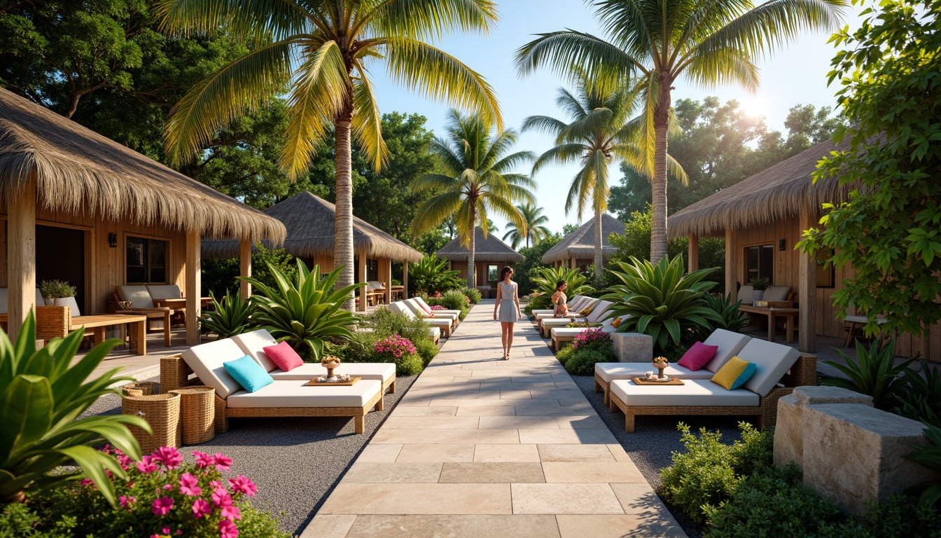 Prompt: Vibrant tropical flowers, lush greenery, exotic palm trees, colorful tiki torches, woven rattan furniture, natural stone pathways, wooden accents, beach-inspired decor, ocean-blue hues, sunny day, soft warm lighting, shallow depth of field, 3/4 composition, panoramic view, realistic textures, ambient occlusion, intricate carvings, tropical patterns, woven textiles, natural fabrics, earthy tones, relaxed ambiance, seashell decorations, driftwood sculptures, nautical ropes, colorful lanterns.