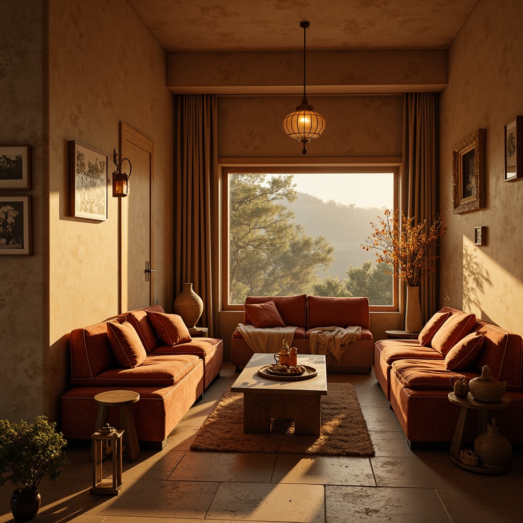 Prompt: Warm candlelight, soft beige walls, rich walnut wood accents, plush velvet fabrics, earthy terracotta pottery, natural stone flooring, comfy oversized furniture, inviting window seats, rustic metal lanterns, warm golden lighting, shallow depth of field, 1/1 composition, intimate atmosphere, realistic textures, ambient occlusion.