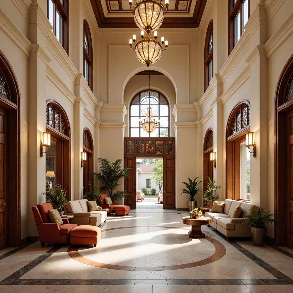 Prompt: Elegant community center, grand entrance hall, high ceilings, ornate chandeliers, marble floors, wooden paneling, classic columns, comfortable sofas, velvet armchairs, antique coffee tables, intricate carvings, rich fabrics, warm beige tones, soft golden lighting, subtle shading, 1/1 composition, realistic textures, ambient occlusion.