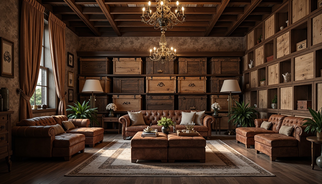 Prompt: Rustic storage room, wooden crates, vintage trunks, distressed finishes, ornate metal handles, rich wood tones, classic antique furniture, tufted leather ottomans, velvet drapes, intricate carvings, grand chandeliers, soft warm lighting, shallow depth of field, 1/1 composition, realistic textures, ambient occlusion.