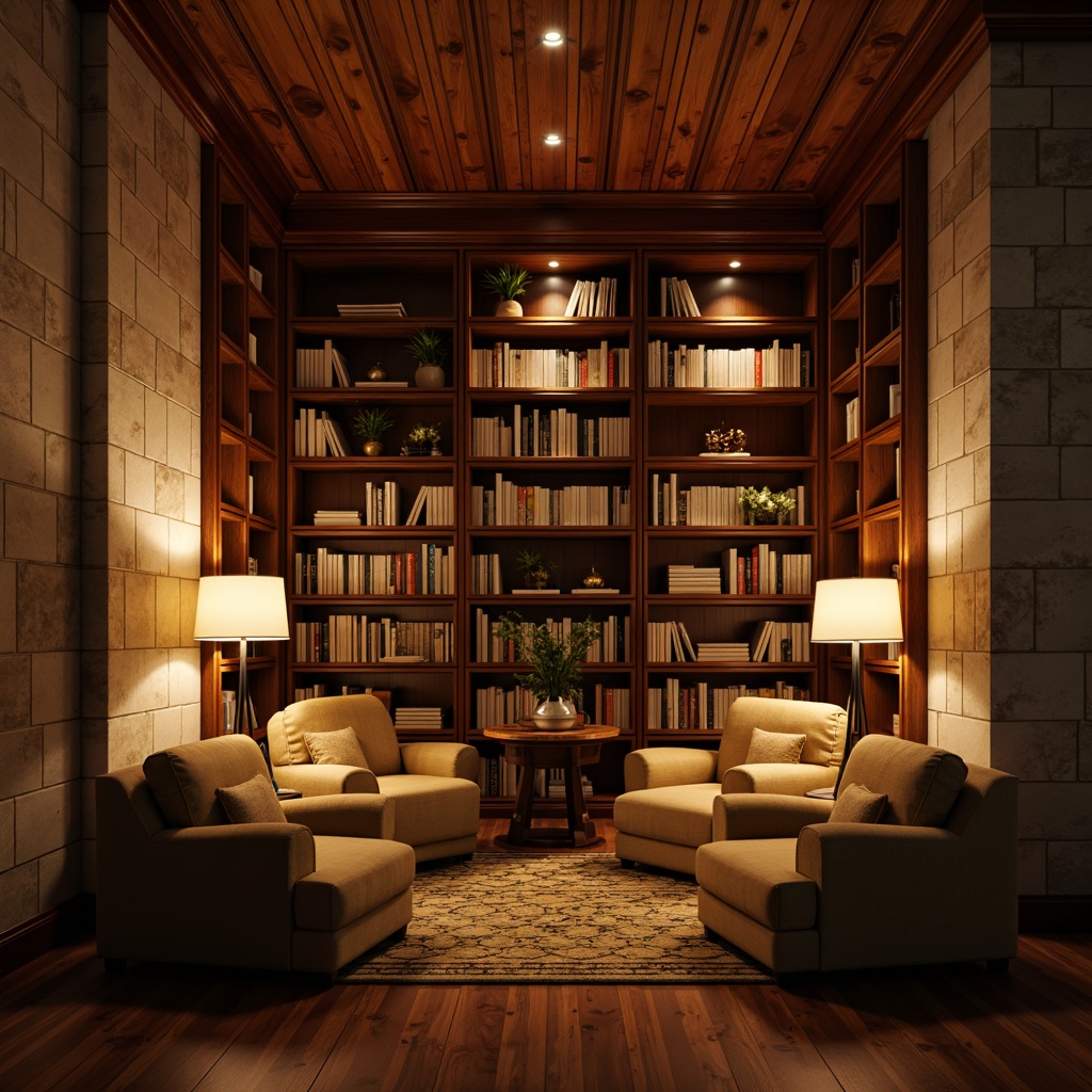 Prompt: Cozy reading nook, warm ambient lighting, soft glowing table lamps, comfortable plush armchairs, rich wood tones, natural stone walls, floor-to-ceiling bookshelves, elegant ceiling fixtures, warm beige color scheme, inviting atmosphere, relaxing retreat, subtle shadows, 1/2 composition, soft focus, intimate mood, calming ambiance.