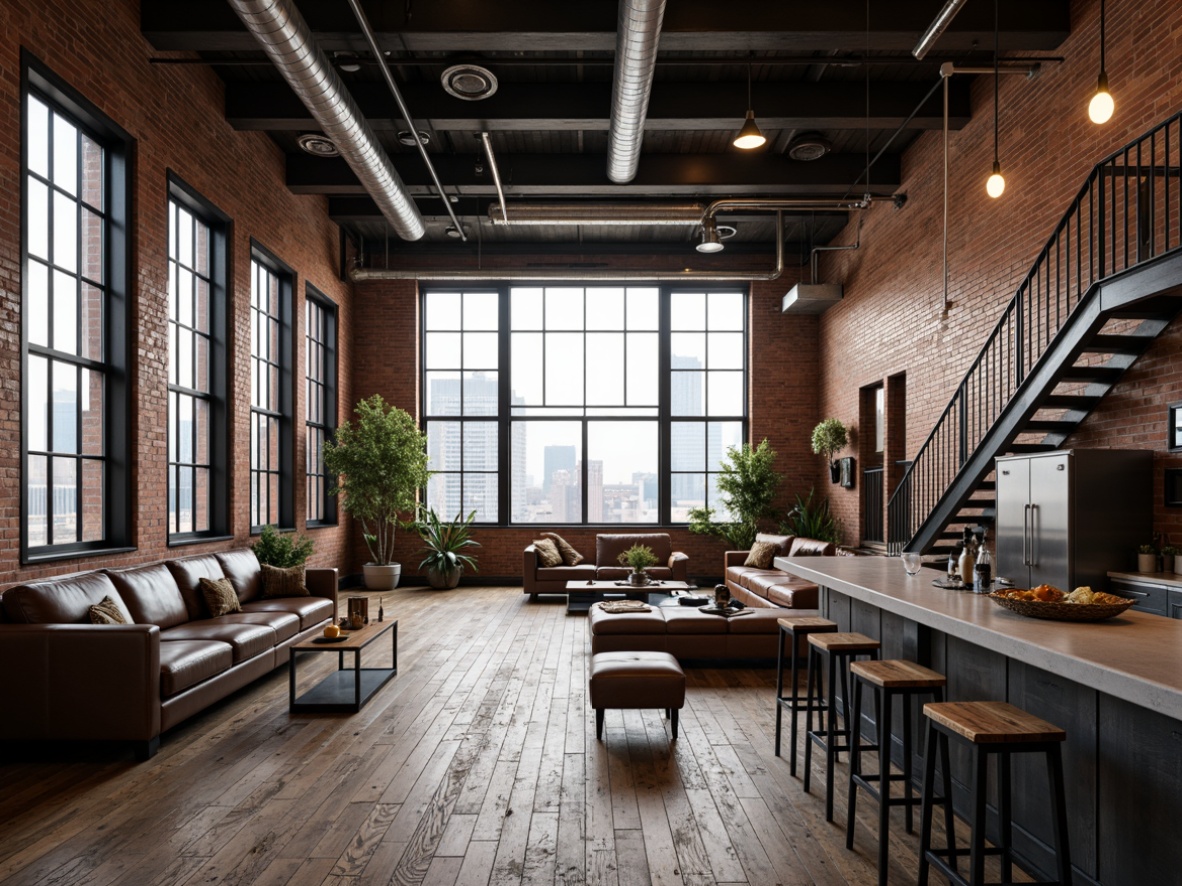 Prompt: Exposed brick walls, metal beams, industrial pipes, reclaimed wood floors, urban cityscape views, large factory-style windows, minimalist decor, functional metal lighting, Edison bulb fixtures, distressed leather sofas, vintage manufacturing equipment, concrete countertops, metal staircase railings, open-plan living areas, high ceilings, natural ventilation systems, abundant natural light, gritty urban textures, 3/4 composition, cinematic atmosphere, realistic materials, ambient occlusion.