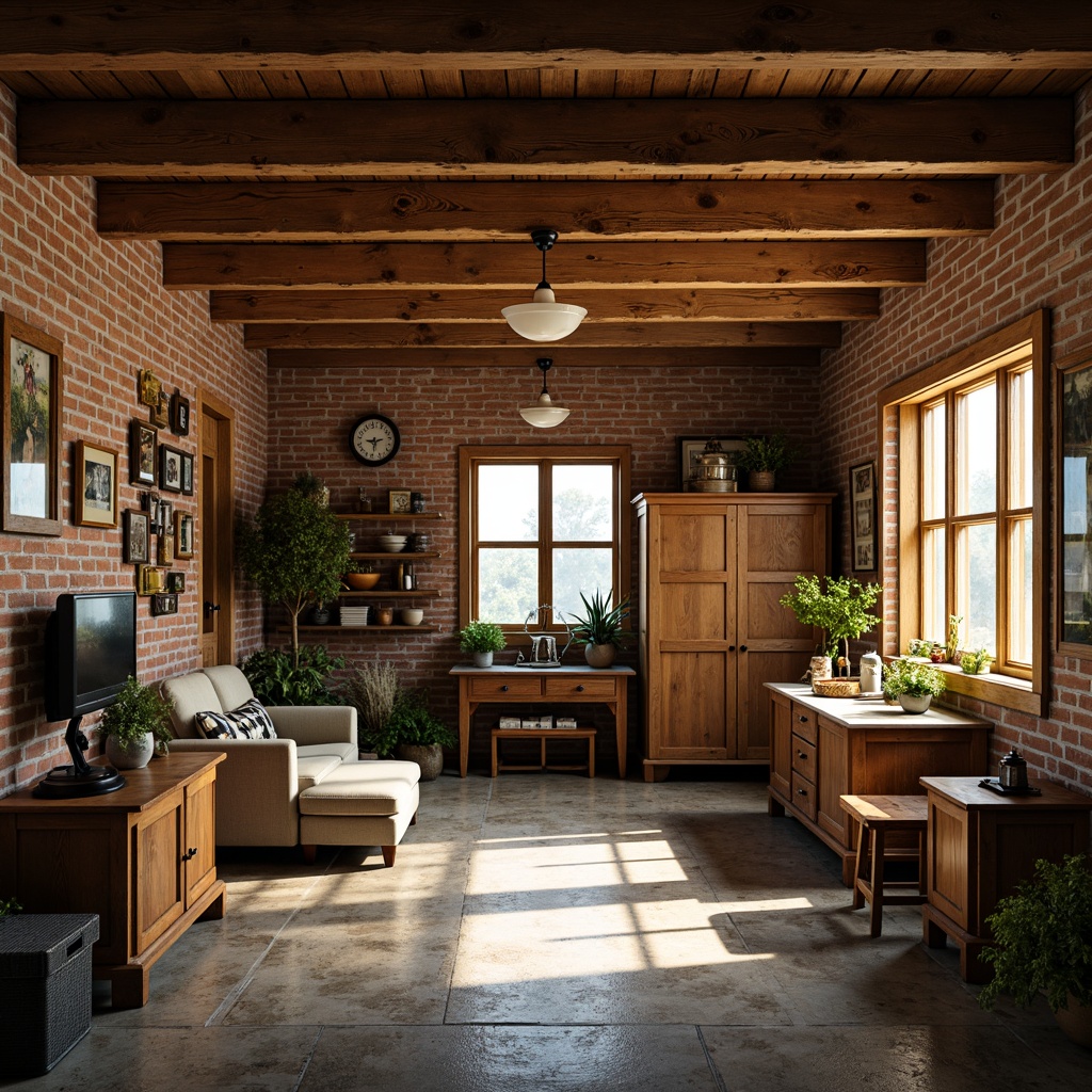 Prompt: Rustic family garage, classic colonial architecture, warm earthy tones, weathered wood accents, exposed brick walls, natural stone flooring, distressed metal roofing, vintage automotive decorations, nostalgic memorabilia, warm golden lighting, soft focus, shallow depth of field, 1/1 composition, realistic textures, ambient occlusion.