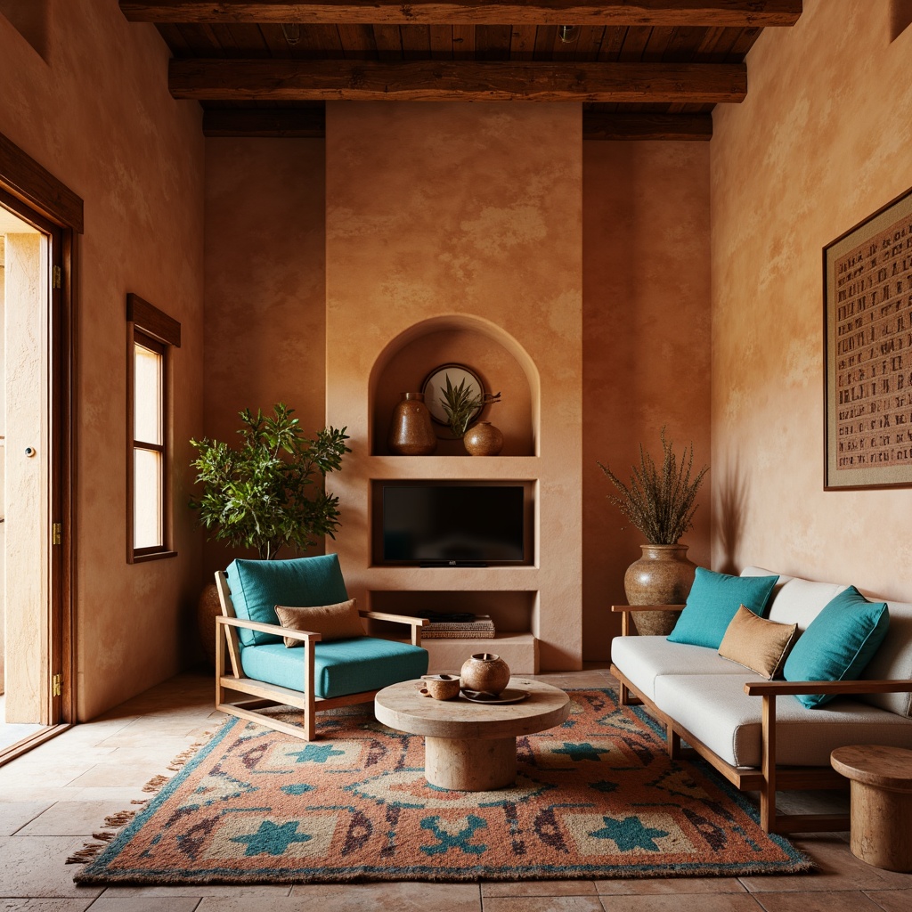 Prompt: Earthy adobe walls, rustic stone textures, warm terracotta hues, natural clay plaster, woven Native American-inspired patterns, vibrant turquoise accents, desert botanical motifs, distressed wood trim, rough-hewn wooden beams, soft golden lighting, warm neutral tones, organic shapes, earthy ceramics, tribal-inspired geometrics, cozy intimate spaces, ambient warm glow.