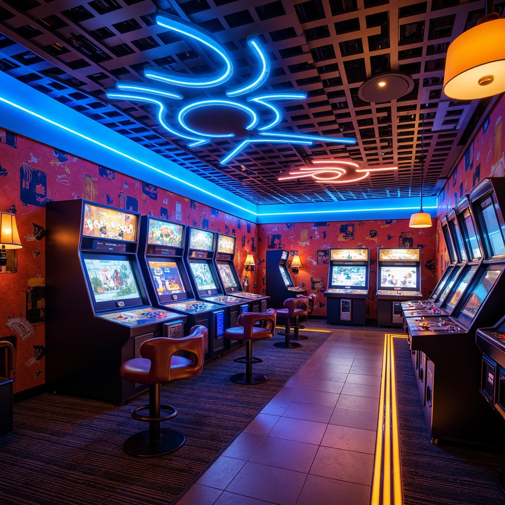 Prompt: Vibrant game room, neon-lit arcade machines, bold colorful walls, electric blue accents, warm golden lighting, cozy seating areas, futuristic console designs, high-tech gadgets, sleek metal trim, dynamic patterns, contrasting textures, immersive atmosphere, cinematic sound systems, dramatic shadows, 1/1 composition, wide-angle lens, soft focus effect.