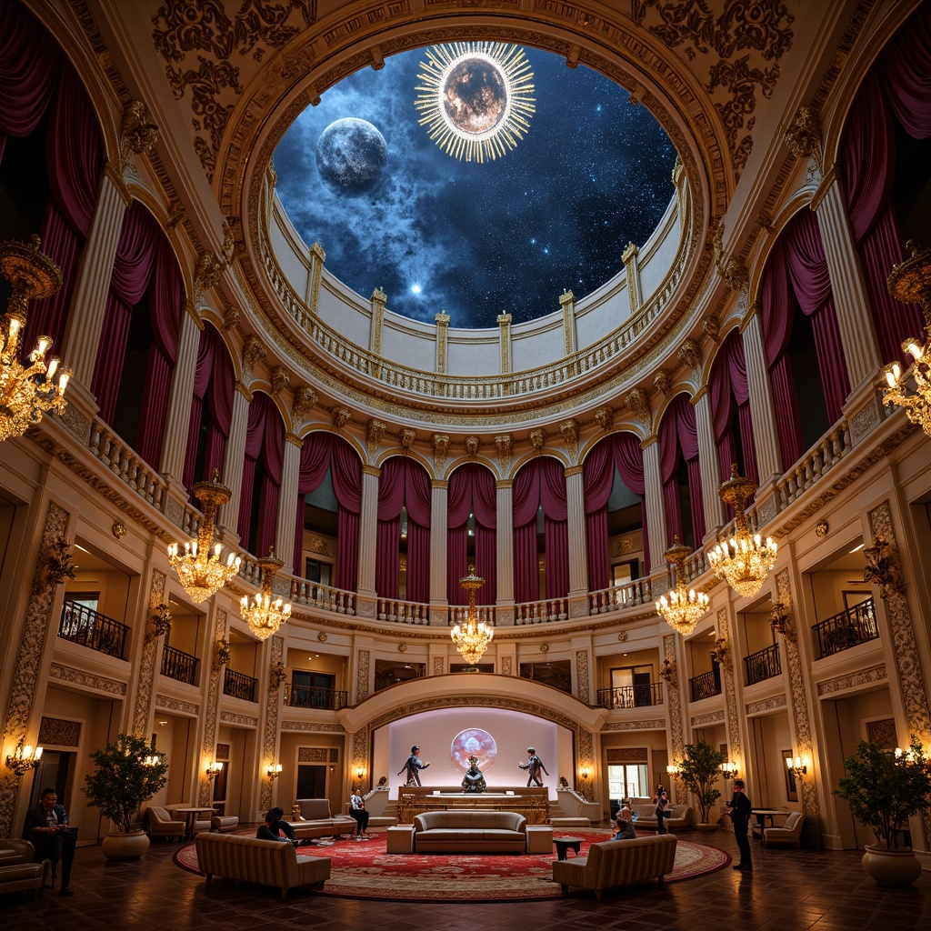 Prompt: Opulent planetarium, ornate gold accents, intricate carvings, celestial body ornaments, Baroque-inspired archways, grandiose dome structures, lavish chandeliers, rich velvet drapes, gilded furnishings, delicate filigree patterns, soft warm lighting, shallow depth of field, 1/1 composition, realistic textures, ambient occlusion, starry night sky, glowing constellations, astronomical instruments, antique telescopes, luxurious seating areas, VIP observation decks.