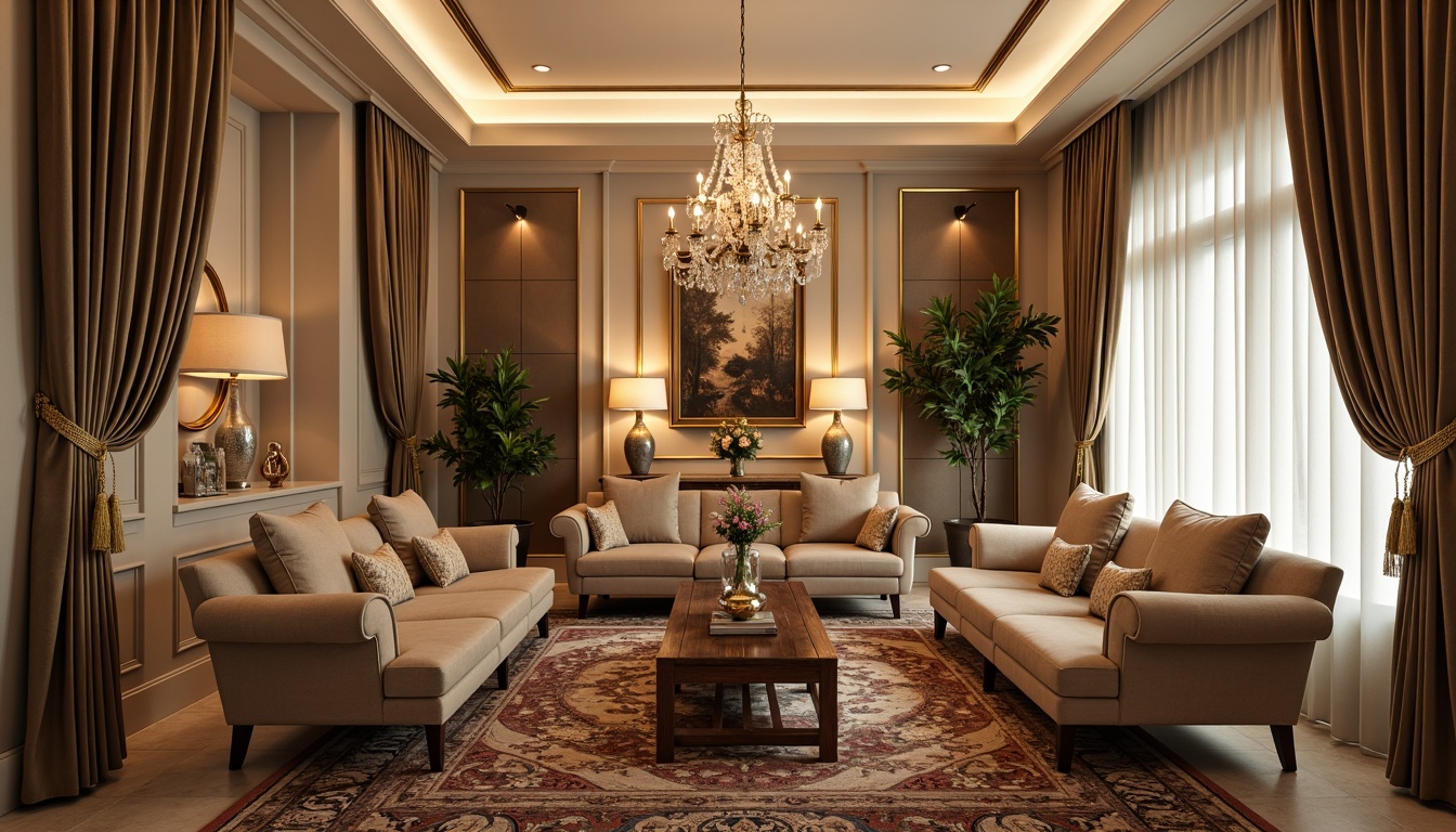 Prompt: Elegant living room, warm beige walls, plush velvet sofas, ornate wooden furniture, antique vases, lavish curtains, sparkling chandeliers, richly patterned rugs, metallic gold accents, luxurious marble countertops, statement artwork, soft ambient lighting, 1/1 composition, shallow depth of field, realistic textures, subtle color grading.