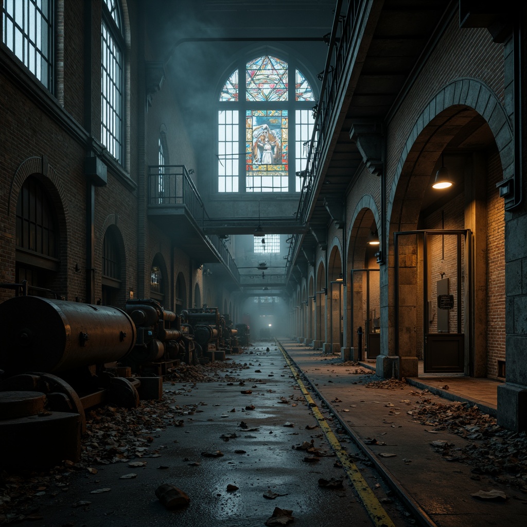 Prompt: Dark mysterious atmosphere, abandoned industrial sites, old factories, rusty machinery, worn brick walls, Gothic arches, stained glass windows, intricate stone carvings, heavy metal doors, ornate ironwork, dim warm lighting, foggy misty ambiance, eerie silence, distressed textures, cinematic composition, low-key colors, dramatic shadows, intense highlights.