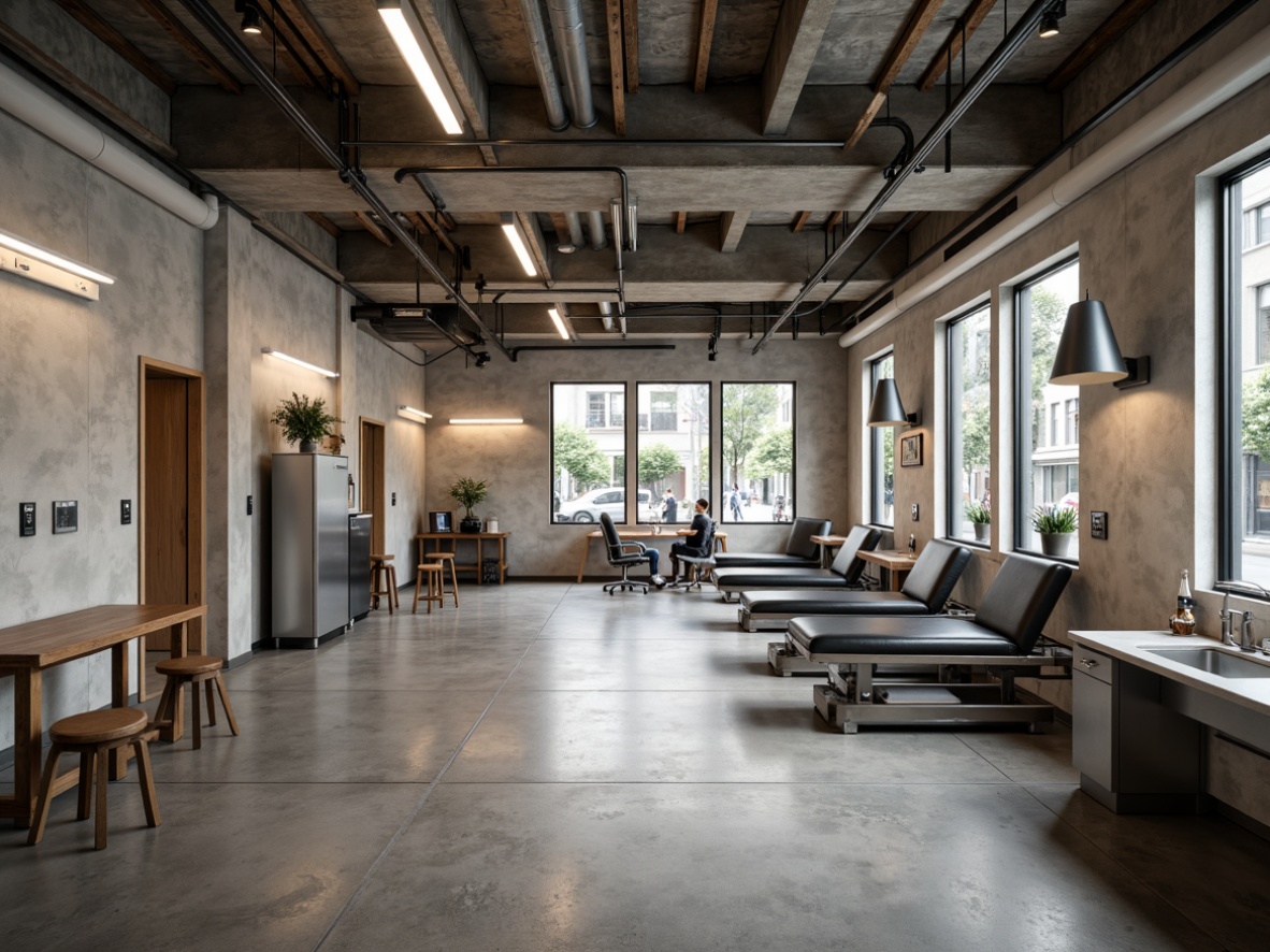 Prompt: Rustic clinic interior, brutalist architecture, concrete walls, industrial-style lighting, metal beams, minimalist decor, functional furniture, sturdy wooden chairs, stainless steel tables, leather examination beds, medical equipment, neutral color palette, natural light, high ceilings, urban atmosphere, modern cityscape, busy streets, 3/4 composition, shallow depth of field, realistic textures, ambient occlusion.