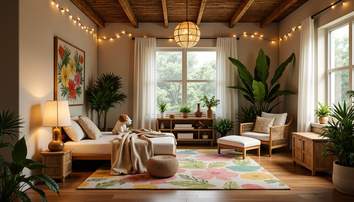 Prompt: Tropical style baby room, warm soft lighting, natural wood accents, woven rattan furniture, lush greenery, palm trees, floral patterns, vibrant colors, jungle-inspired textiles, warm beige walls, creamy white ceilings, gentle ambient glow, table lamps with linen shades, floor lamps with wooden bases, string lights with seashell decorations, warm LED strip lights under furniture, softbox lighting, 1/2 composition, cozy atmosphere, shallow depth of field.