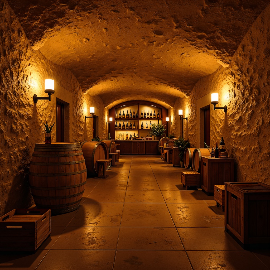 Prompt: Warm Mediterranean wine cellar, rustic stone walls, wooden barrels, soft golden lighting, warm candlelight, subtle shadows, atmospheric ambiance, dimmable LED lights, spotlighting on wine bottles, ambient occlusion, natural stone floors, earthy tones, vintage wine-making equipment, wooden crates, dimly lit corridors, intimate seating areas, rich wood accents, ornate metalwork, decorative arches, soft warm color palette, 1/1 composition, realistic textures.