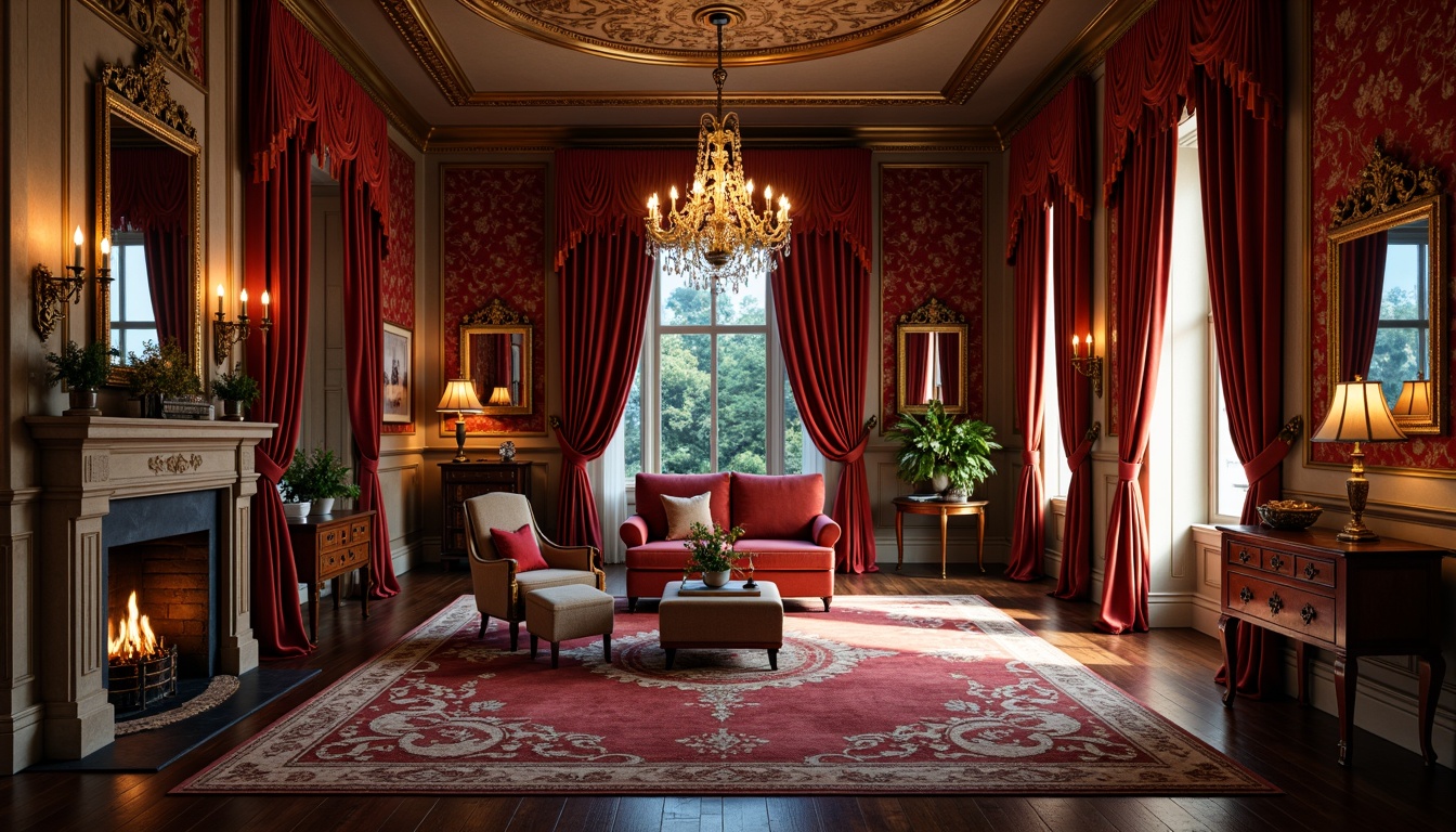 Prompt: Rich velvet fabrics, ornate gold accents, luxurious crimson reds, warm beige tones, deep blues, intricate patterns, lavish furnishings, grand chandeliers, dramatic archways, opulent textiles, heavy drapery, lavish mirrors, rustic wood paneling, antique furniture pieces, vintage decorative items, soft candlelight, intimate cozy atmosphere, 1/2 composition, shallow depth of field, warm soft focus.