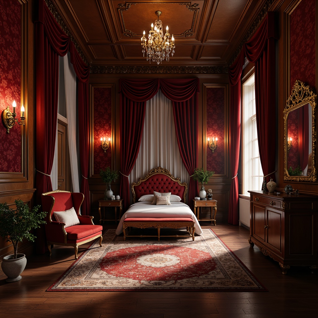 Prompt: Luxurious boudoir, rich velvet drapes, intricately carved wooden furniture, gilded mirrors, ornate chandeliers, lavish textiles, soft warm lighting, subtle shadows, 3/4 composition, intimate atmosphere, realistic wood grain, ambient occlusion.