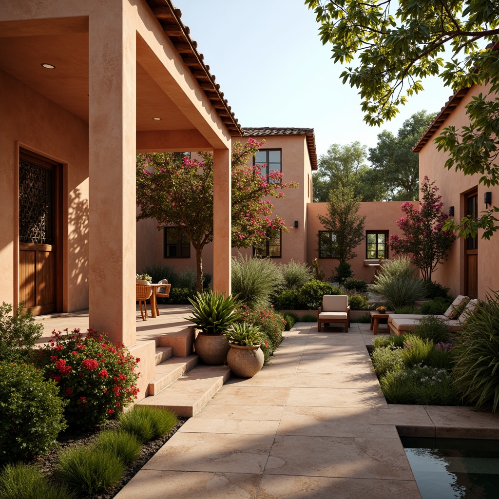 Prompt: Warm Mediterranean villa, earthy terracotta walls, soft cream accents, lush greenery, vibrant bougainvillea flowers, rustic wooden doors, ornate ironwork details, natural stone pathways, serene courtyard, tranquil water features, warm sunny day, golden hour lighting, shallow depth of field, 3/4 composition, realistic textures, ambient occlusion.