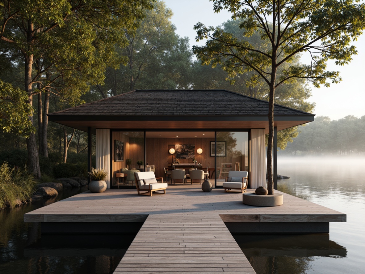 Prompt: Rustic boathouse, wooden dock, tranquil lake, surrounding trees, overhanging branches, natural stone walls, large windows, sliding glass doors, open floor plan, minimalist interior, industrial metal beams, reclaimed wood accents, nautical decor, vintage sailing elements, cozy reading nooks, warm ambient lighting, soft morning mist, shallow depth of field, 2/3 composition, panoramic view, realistic water reflections, subtle color grading.