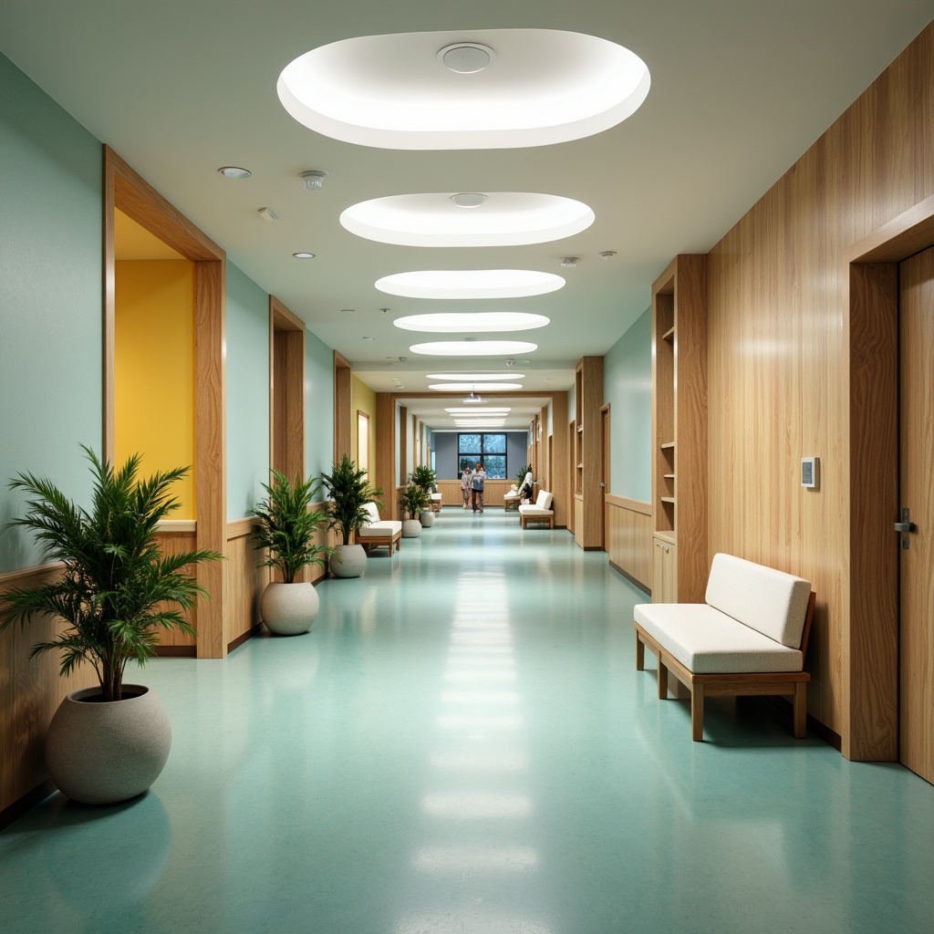 Prompt: Soothing hospital corridors, calming blue-green hues, natural wood accents, warm beige tones, soft pastel shades, gentle earthy colors, uplifting yellow accents, serene white ceilings, comforting rounded shapes, minimalist modern design, subtle texture patterns, ample natural light, cozy waiting areas, peaceful atmosphere, 1/2 composition, shallow depth of field, realistic rendering.