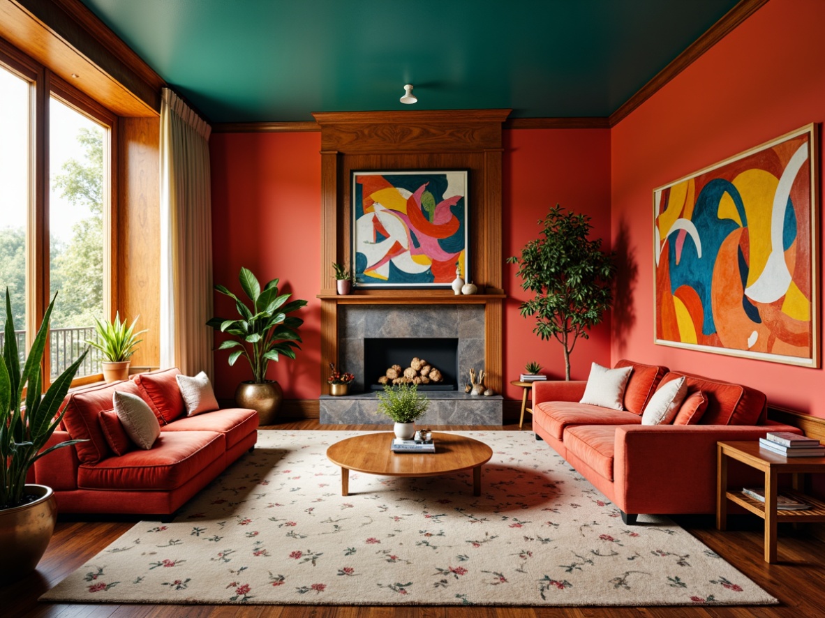 Prompt: Vibrant living room, bold color scheme, warm golden lighting, rich wood accents, plush velvet furniture, statement artwork, geometric patterns, abstract shapes, bright coral walls, deep turquoise ceilings, luxurious creamy carpets, eclectic decorative objects, mixed metallic finishes, energetic atmosphere, cozy reading nooks, floor-to-ceiling windows, natural textiles, bohemian-inspired decor, exotic plants, dynamic composition, warm white balance, high contrast ratio.