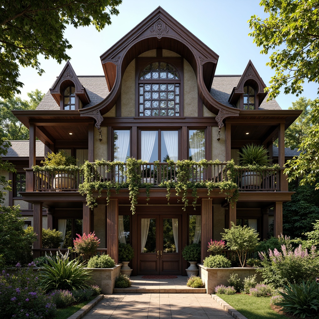 Prompt: Intricate ironwork, ornate trusses, stained glass windows, lush greenery, exotic plants, curved eaves, turrets, grand entranceways, intricate wooden doors, ornamental facades, delicate stonework, vibrant floral patterns, soft natural lighting, warm cozy atmosphere, 1/2 composition, shallow depth of field, realistic textures, ambient occlusion, detailed Victorian-era inspired architecture.