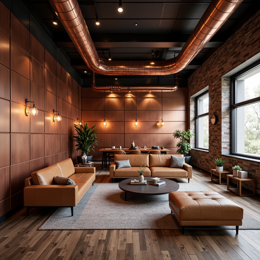 Prompt: Luxurious interior space, metallic accents, brushed copper walls, polished chrome fixtures, rose gold lighting, industrial chic atmosphere, exposed ductwork, reclaimed wood flooring, sleek leather furniture, minimalist decor, urban loft setting, warm color palette, dramatic shadows, high-contrast lighting, 1/1 composition, realistic reflections, ambient occlusion.