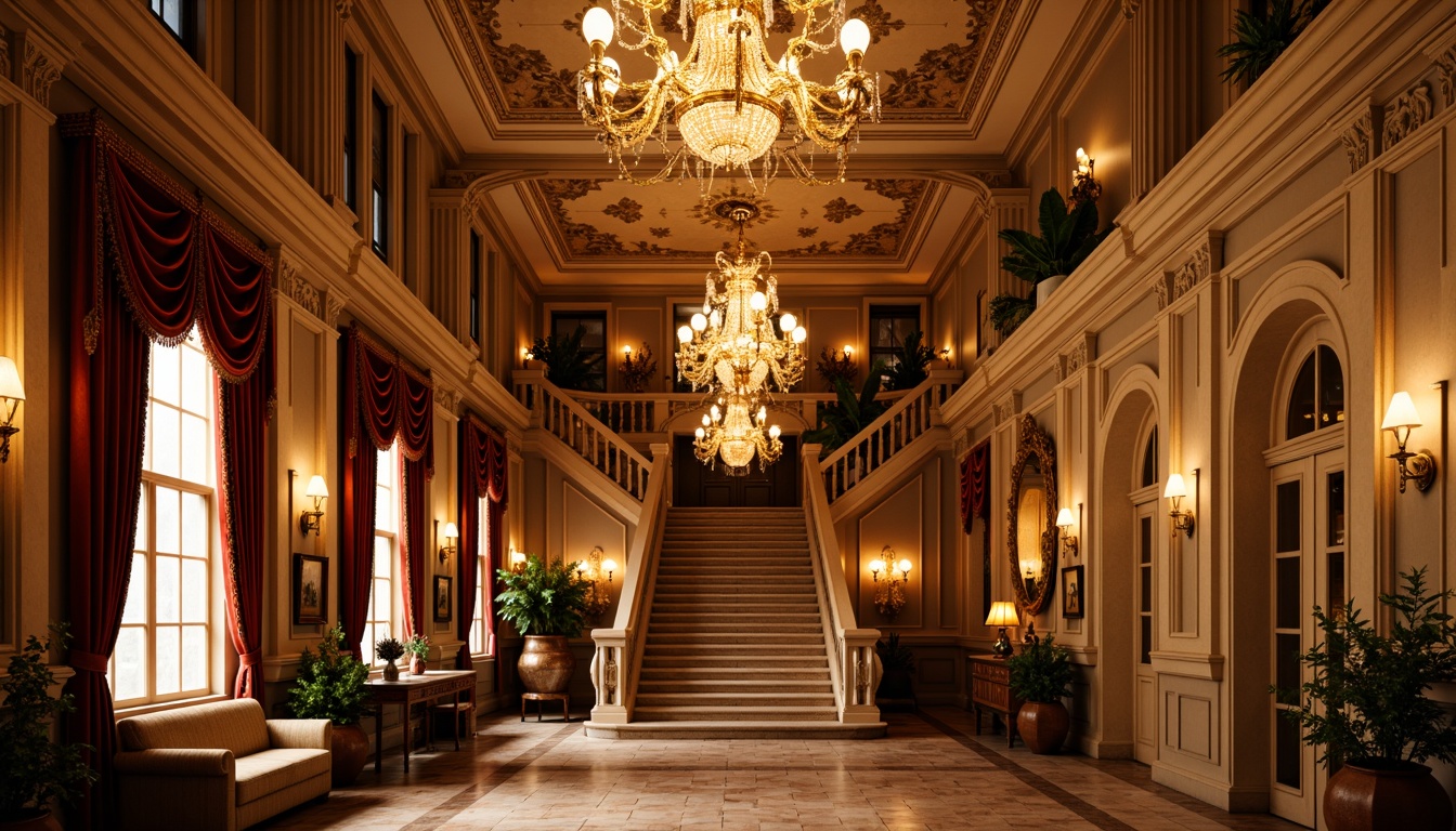 Prompt: Ornate chandeliers, warm golden lighting, soft candle glow, grand staircase, opulent ballrooms, rich velvet drapes, intricate stone carvings, ornamental mirrors, frescoed ceilings, Baroque-inspired details, lavish furnishings, antique fixtures, warm beige walls, polished marble floors, elegant archways, dramatic shadows, high contrast ratios, 1/1 composition, warm color palette, realistic textures, subtle ambient occlusion.