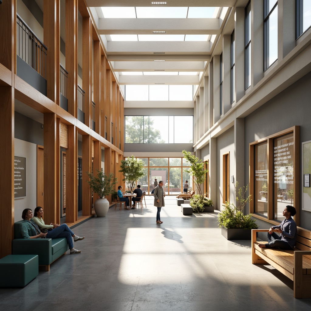 Prompt: Spacious high school hallway, natural light pouring through clerestory windows, warm wood accents, neutral color palette, modern furniture, collaborative learning spaces, inspirational quotes, motivational posters, soft diffused lighting, shallow depth of field, 3/4 composition, realistic textures, ambient occlusion.