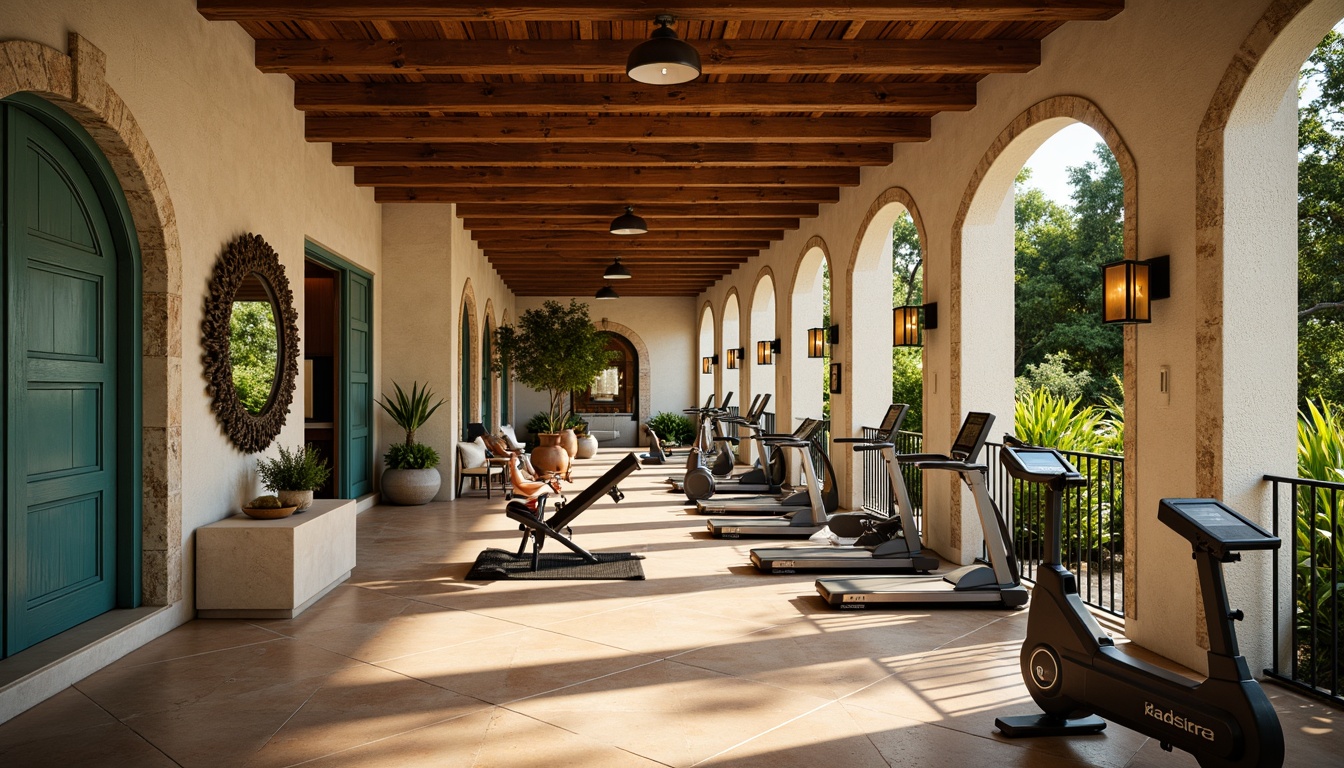 Prompt: Mediterranean-style fitness club, warm beige flooring, terracotta tiles, rustic wooden accents, natural stone walls, arched windows, ornate metalwork, vibrant turquoise hues, lush greenery, modern exercise equipment, free weights, treadmills, stationary bicycles, mirrored walls, soft warm lighting, shallow depth of field, 3/4 composition, realistic textures, ambient occlusion.