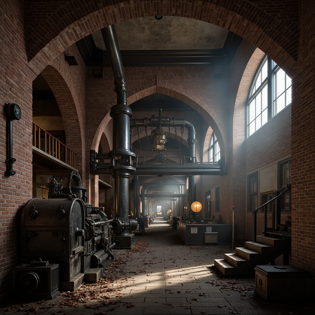 Prompt: Gothic cathedral, industrial machinery, exposed brick walls, metallic pipes, vintage gears, steam punk accents, mysterious fog, dim warm lighting, intricate stone carvings, ornate ironwork, grandiose arches, abandoned factory atmosphere, distressed textures, cinematic mood, 1/1 composition, dramatic shadows, high contrast ratio, ambient occlusion.