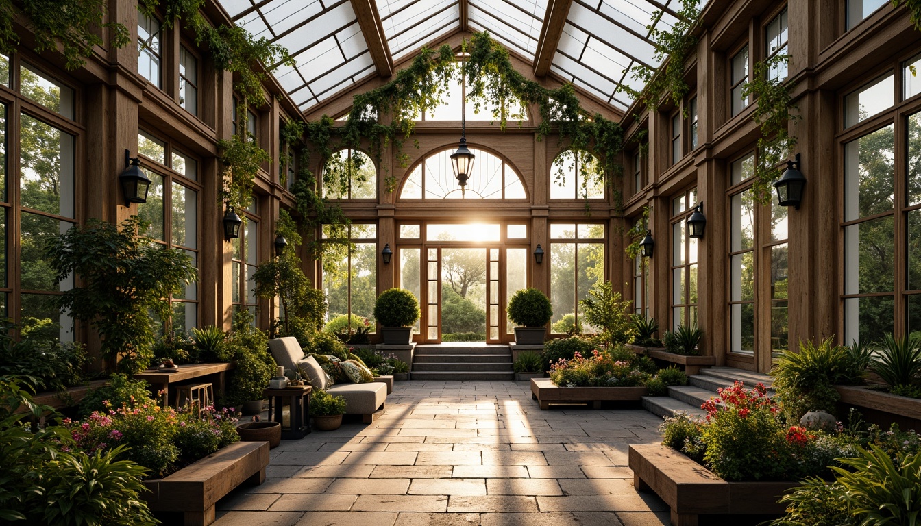 Prompt: \Elegant greenhouse, ornate Victorian-style architecture, lush greenery, exotic flowers, delicate vines, soft warm lighting, natural sunlight, stained glass windows, intricate wooden frames, romantic ambiance, cozy reading nooks, vintage metal lanterns, pendant lamps, rustic stone walls, moss-covered planters, whimsical botanical prints, distressed wood accents, earthy color palette, morning dew, shallow depth of field, 1/1 composition, realistic textures, ambient occlusion.\