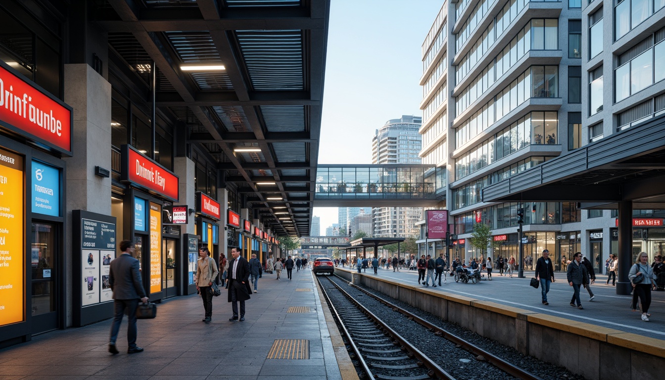 Prompt: Vibrant metro station, modern architecture, sleek metal columns, glass roofs, high-contrast signage, bold typography, bright LED lighting, dynamic digital displays, interactive wayfinding systems, pedestrian-friendly navigation, urban cityscape, rush hour atmosphere, morning sunlight, shallow depth of field, 1/1 composition, realistic textures, ambient occlusion.