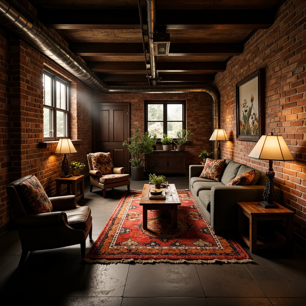 Prompt: Moody basement, exposed brick walls, industrial metal beams, dim warm lighting, eclectic furniture pieces, vintage armchairs, worn leather sofas, distressed wooden coffee tables, ornate metal lamps, abstract artwork, bold colorful rugs, textured throw blankets, atmospheric shadows, cinematic composition, low-angle shots, dramatic chiaroscuro.