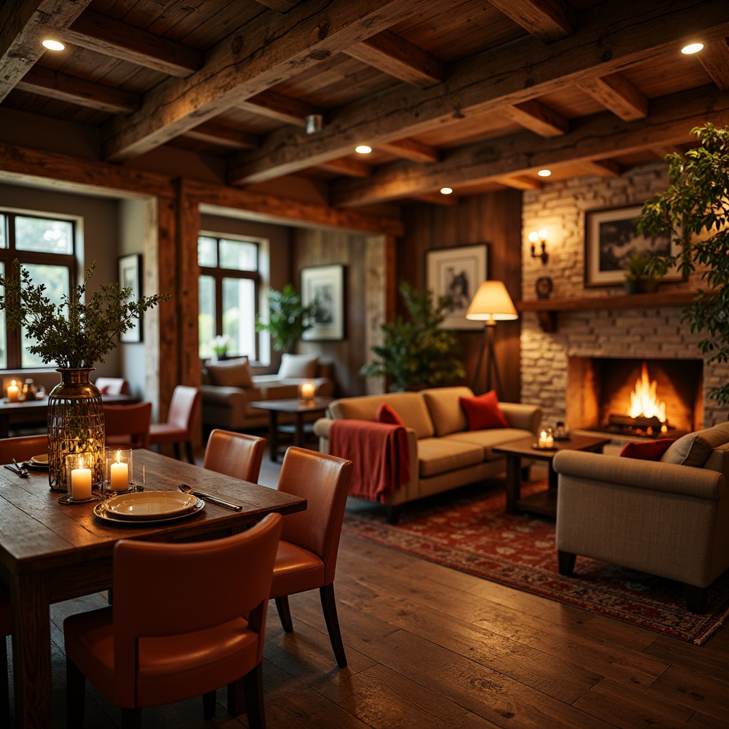 Prompt: Cozy rustic hotel lobby, warm wooden accents, vintage metal lanterns, soft warm lighting, candlelit tables, natural stone fireplaces, plush furnishings, earthy color palette, wooden beam ceilings, industrial-chic metal fixtures, reclaimed wood walls, comfortable seating areas, warm ambient glow, shallow depth of field, 1/1 composition, realistic textures, ambient occlusion.